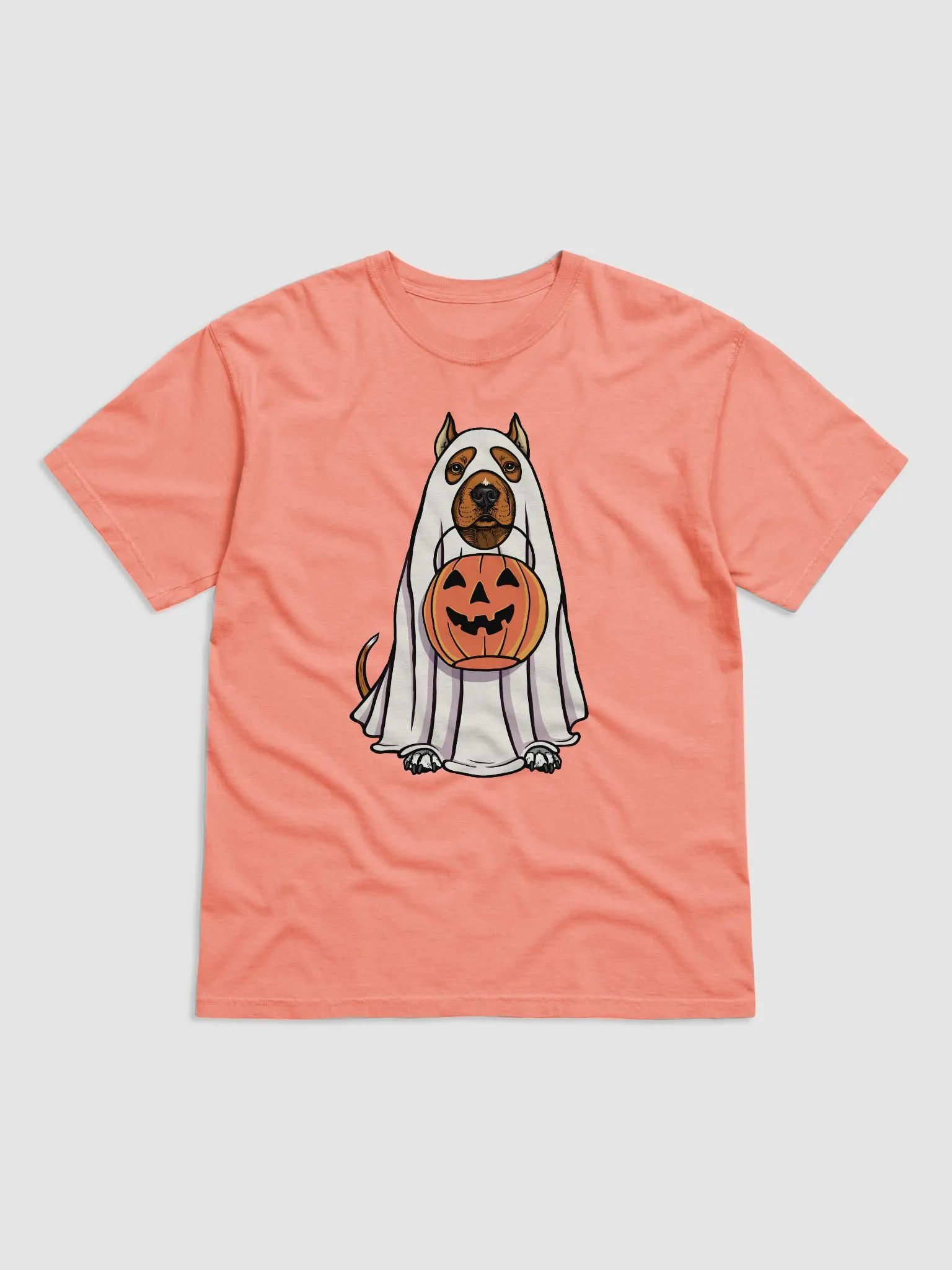 Funny Halloween Pitbull Terrier(Cropped Ears, Red) T-Shirt | Funny Pittie Wearing a Ghost Costume and Holding a Pumpkin Basket product image (1)