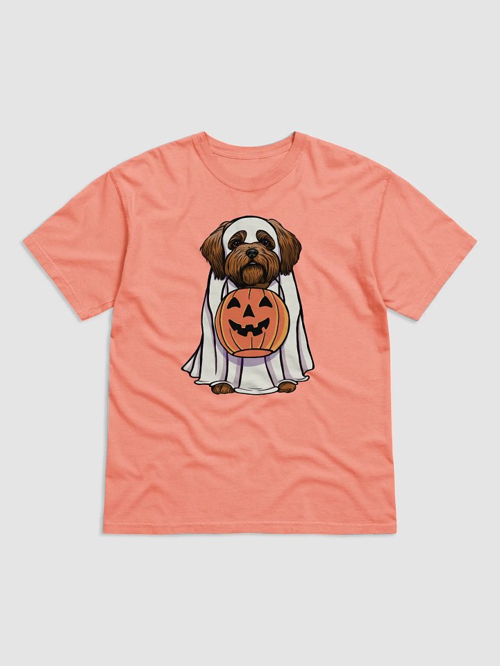 Funny Halloween Shih Tzu(Red) T-Shirt | Funny Dog Wearing a Ghost Costume and Holding a Pumpkin Basket product image (1)