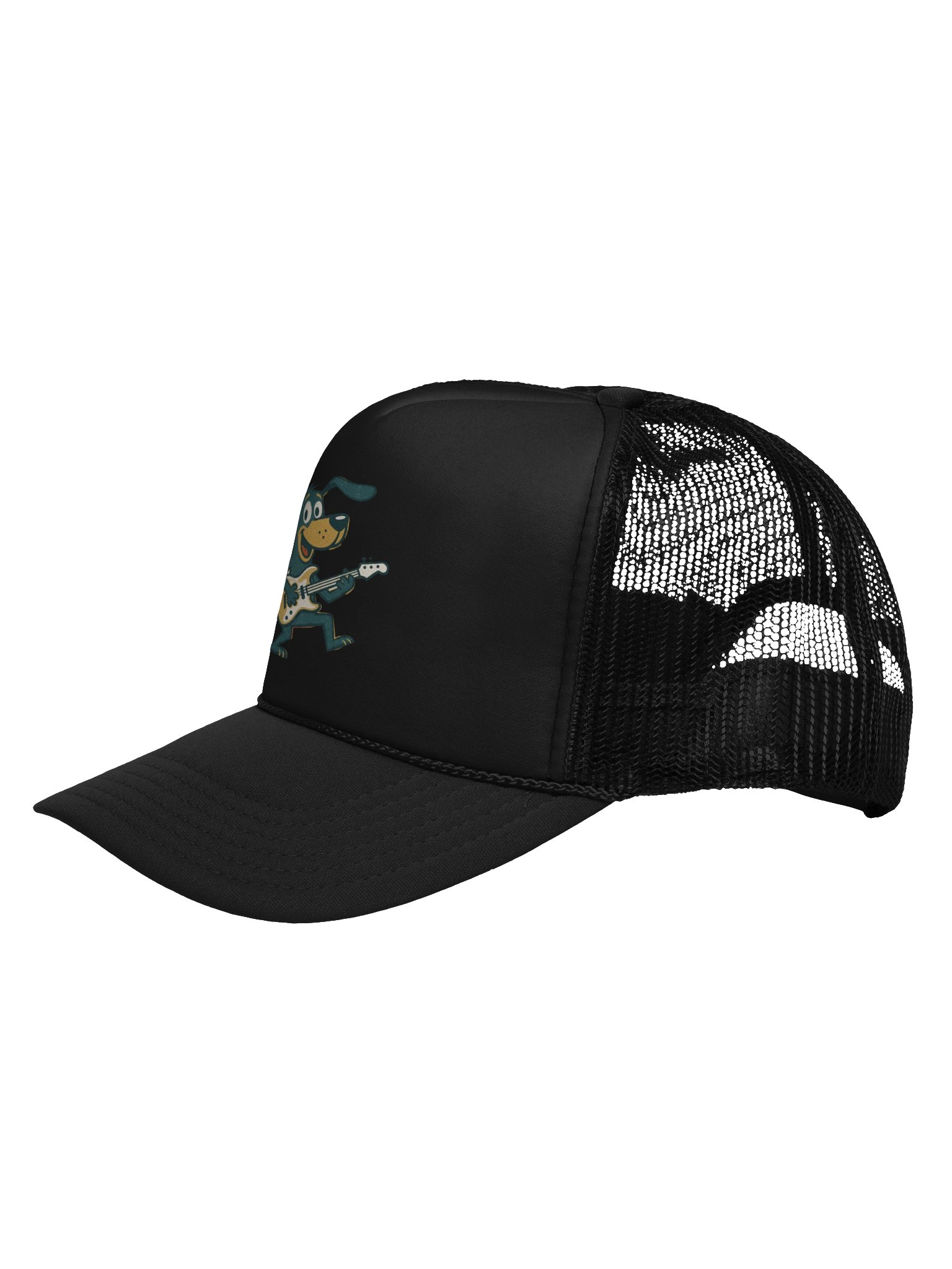 Retro Dog Playing Bass Guitar Trucker Hat – Vintage Cartoon Bassist Cap, Funny Musician Gift for Dog Lovers product image (3)