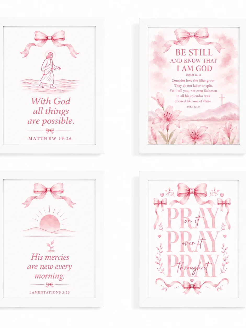 Pink Coquette Bow Framed Christian Wall Art Bundle Set of 4 Bible Verse Decor product image (3)