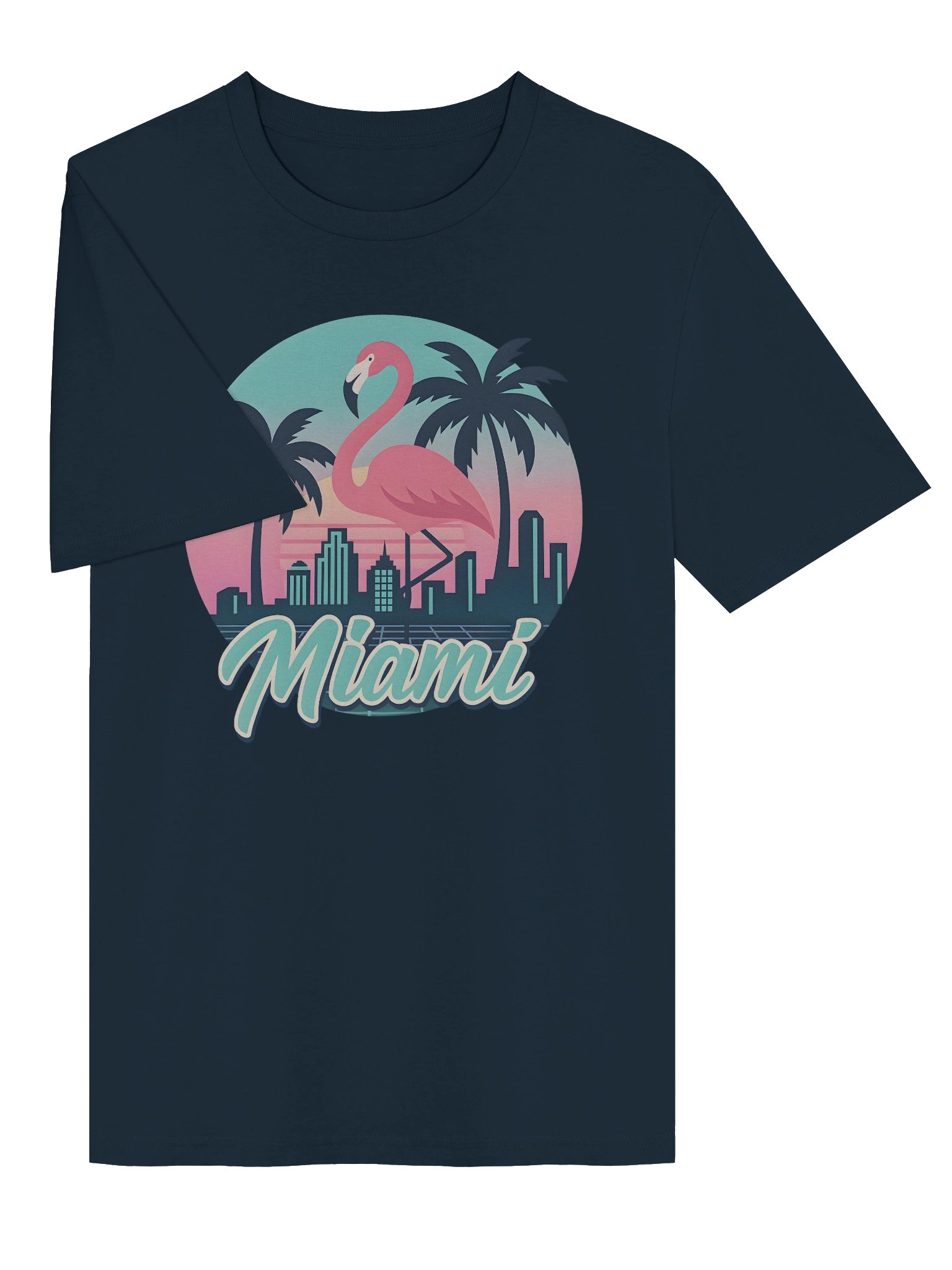 Retro Miami Flamingo Design with Neon Skyline and Palm Trees in Sunset TeeColors product image (25)
