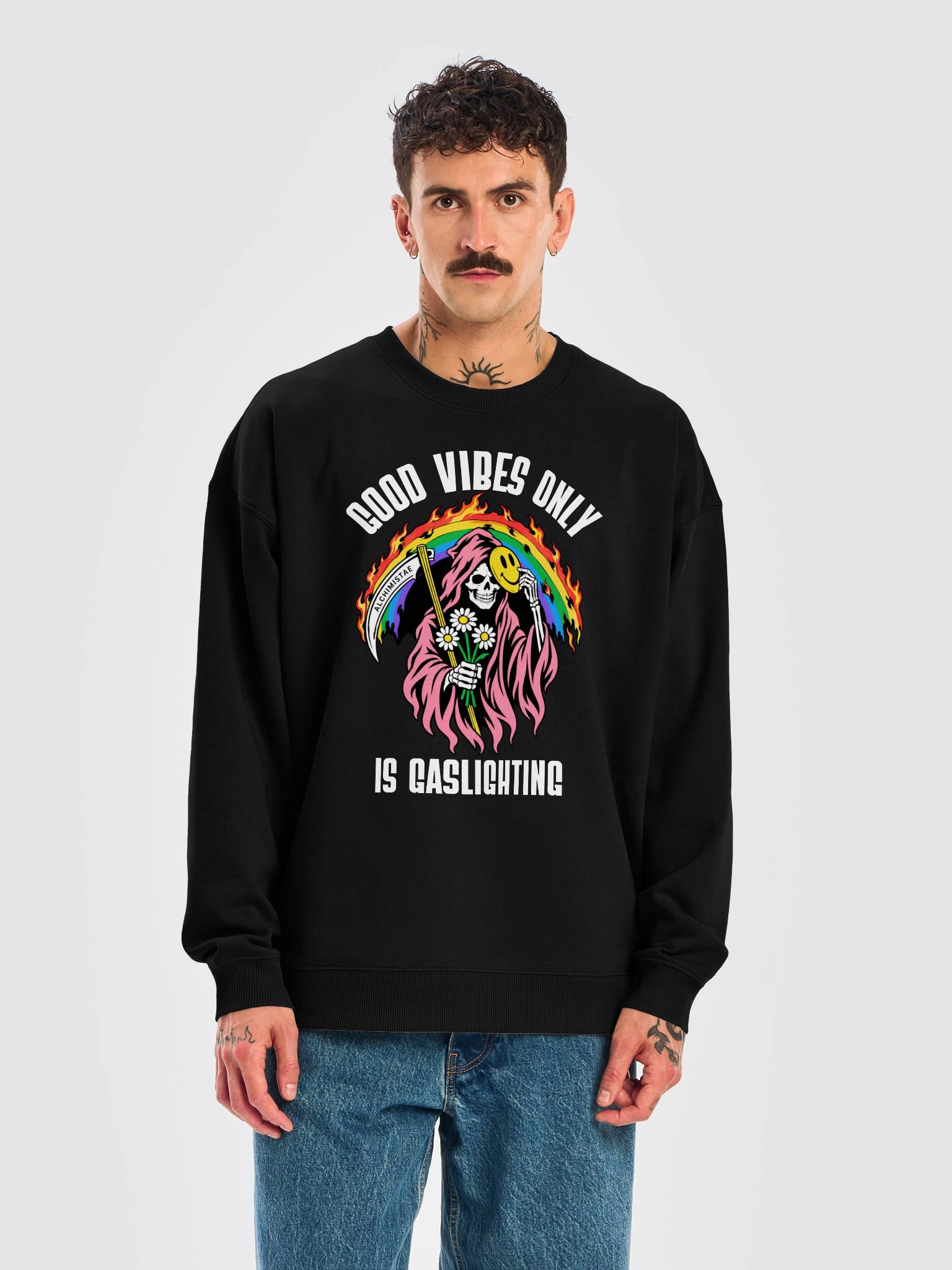 Sweat unisexe noir épais en coton bio – Good Vibes Only Is Gaslighting product image (2)