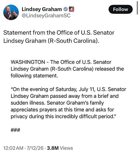 Republican Senator Lindsey Graham is dead…

Don’t expect me to say anything nice 🤷🏾‍♂️