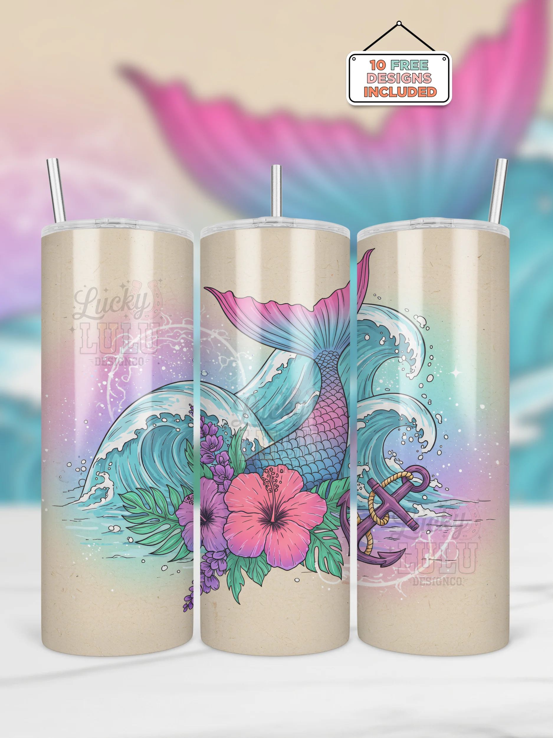 Mermaid Tail Ocean Waves Seamless Tumbler Wrap PNG product image (1)