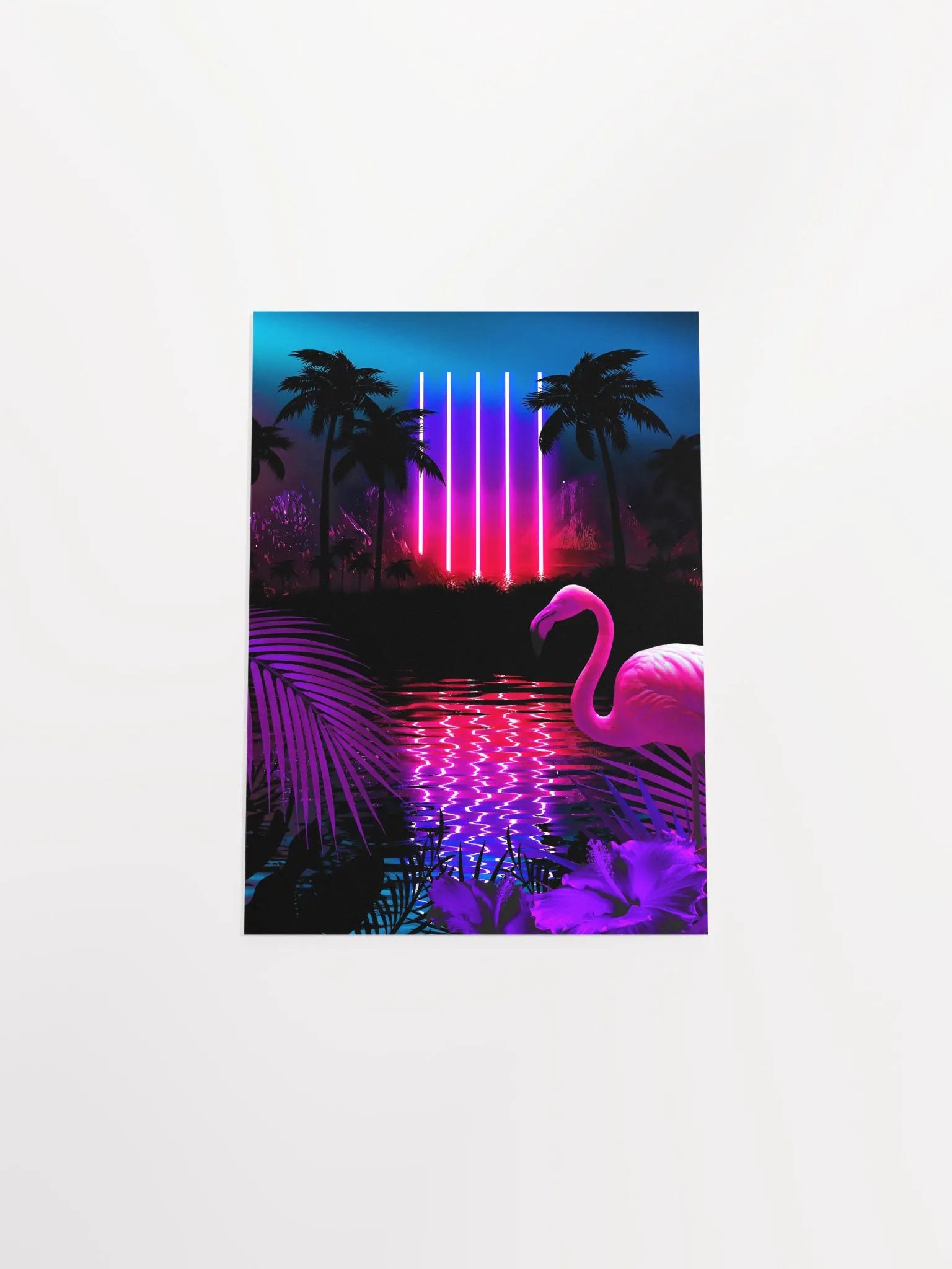 Neon landscape: Neon pillars & flamingo [synthwave/vaporwave/cyberpunk] — Aesthetic retrowave poster product image (9)