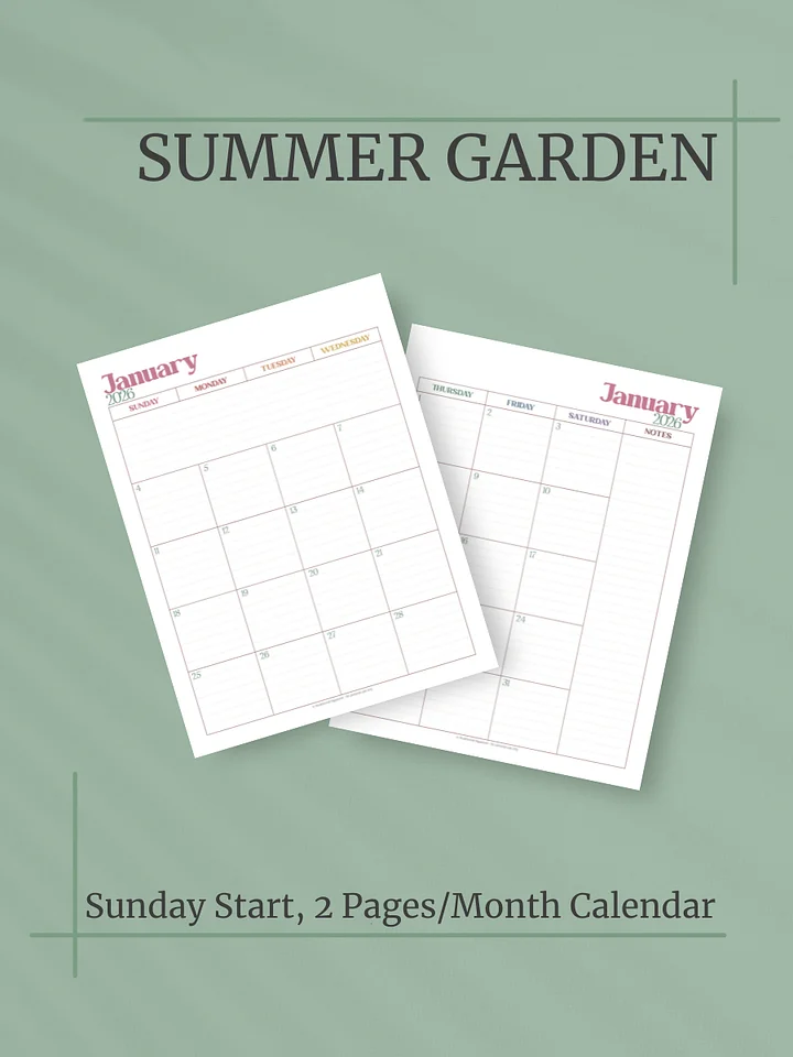 Summer Garden 2026 Calendar - 2 Pages per Month, Sunday Start, Letter Size product image (1)
