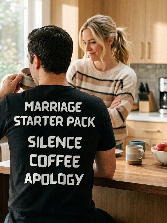 Marriage starter pack: silence, coffee, apology T-shirt product image (1)
