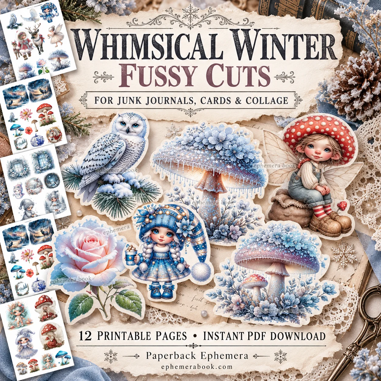 Winter Woodland Ephemera Printable PDF | 12 Junk Journal Pages product image (2)