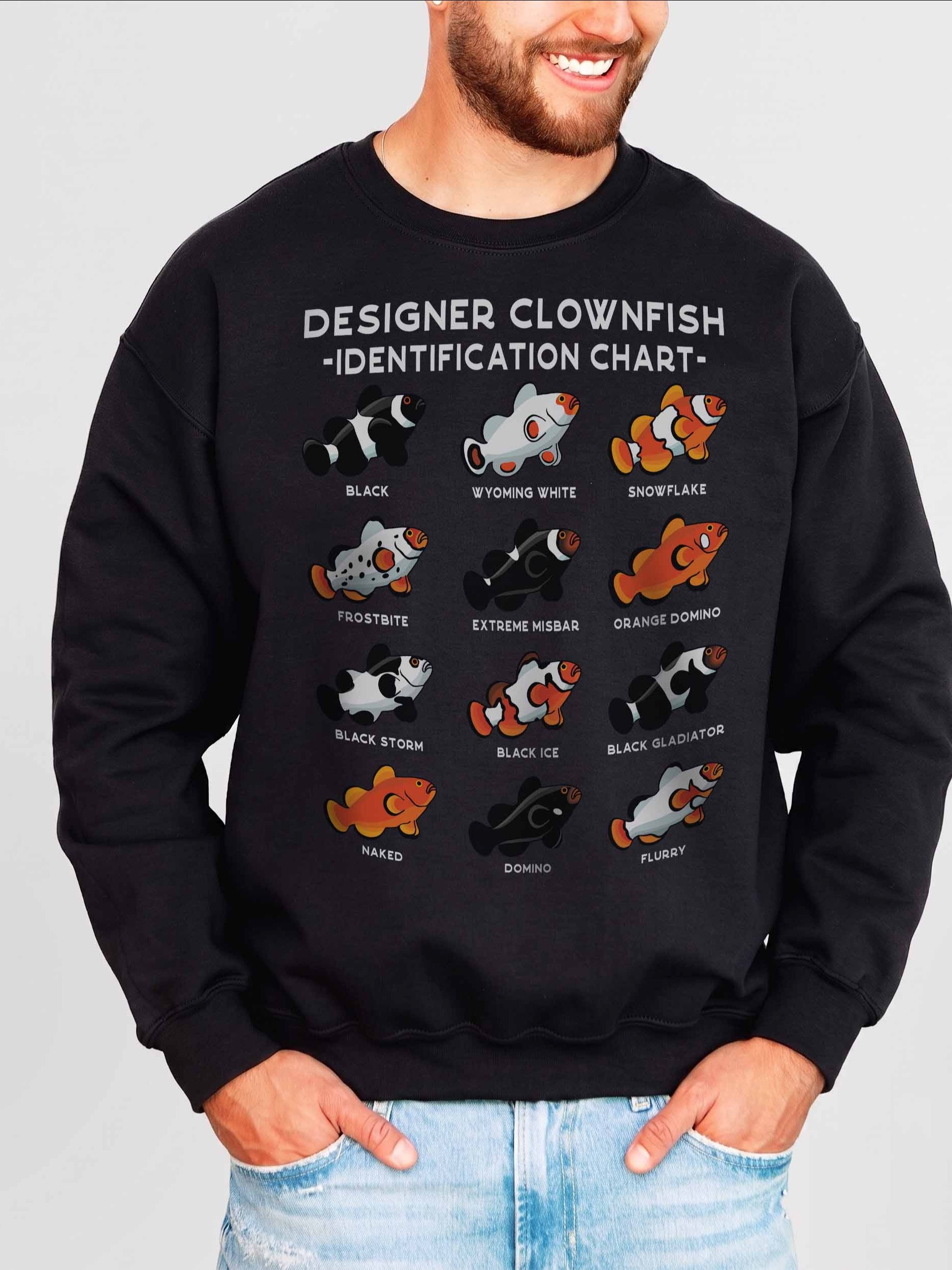 Designer Clownfish Identification Chart Sweatshirt for Reef Aquarium Lovers product image (2)