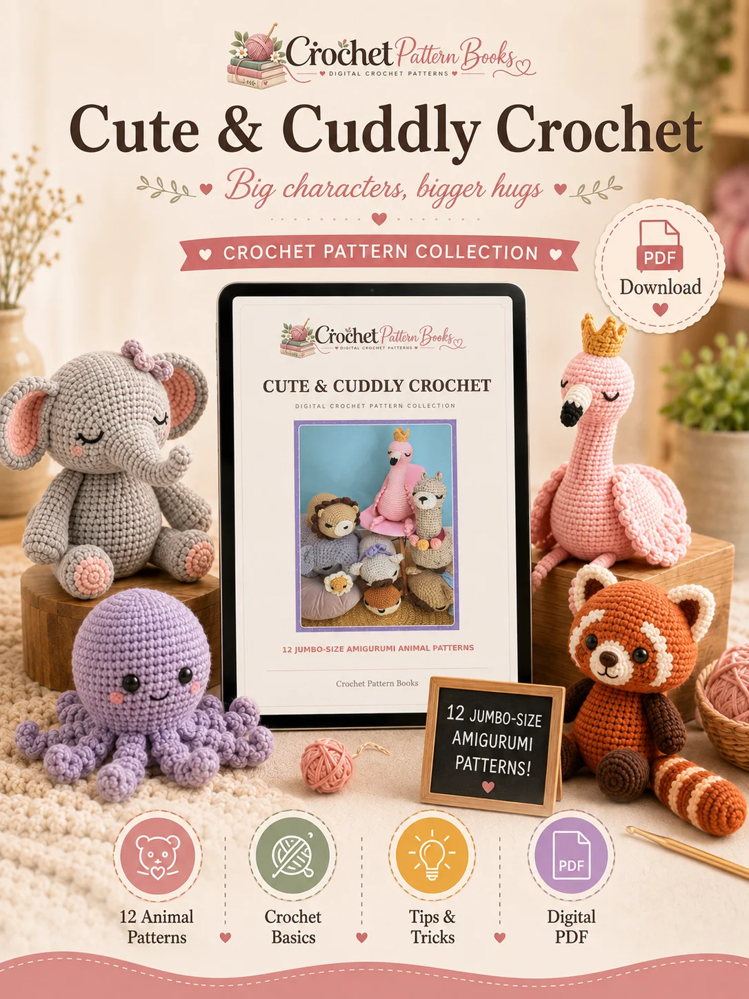 Cute & Cuddly Crochet 12 Jumbo Amigurumi Animal Crochet Patterns PDF Ebook product image (1)