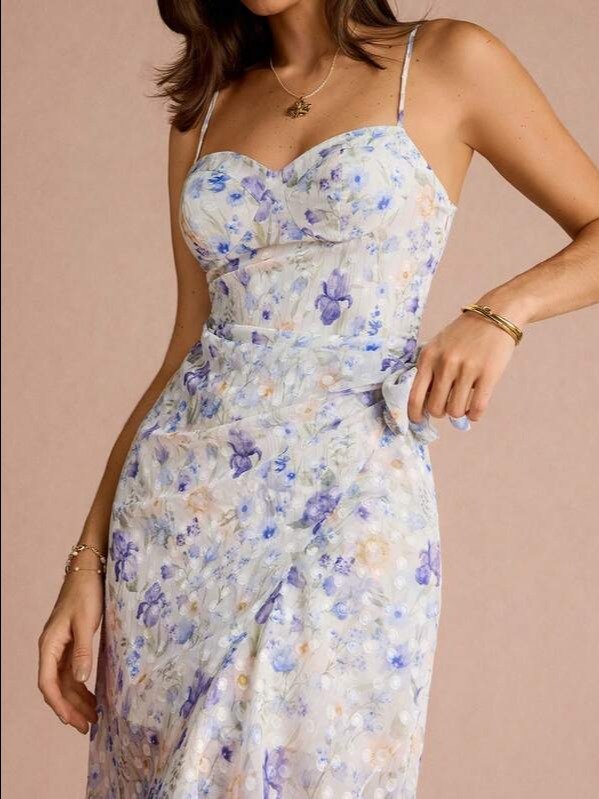 Aqua Blue Floral Tie-Waist Cami Maxi Dress | Boho Wedding Guest & Garden Party Gown — ADLEST product image (7)