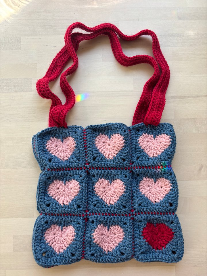 Blue and Pink Crochet Heart Tote product image (1)