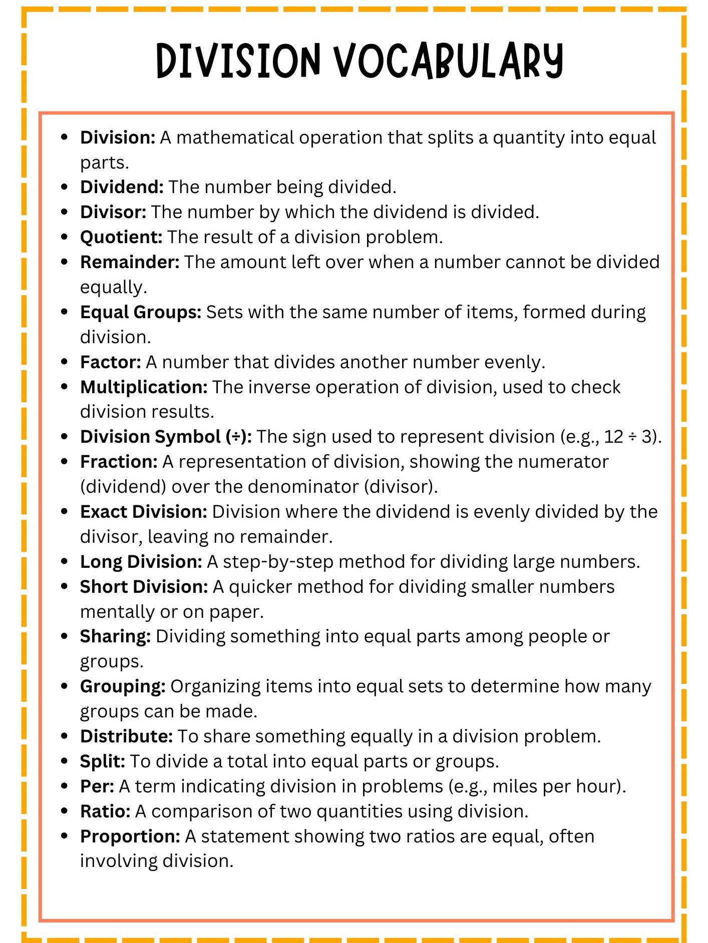 Division Vocabulary List with Definitions product image (1)