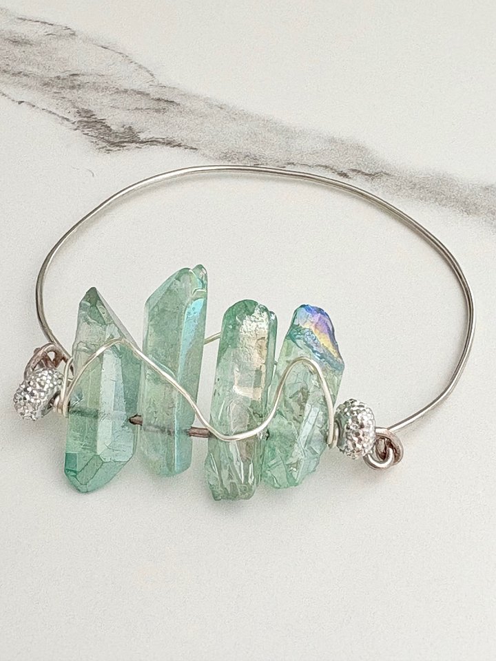 MFD-00191 | 🌊 Mermaid Glow Bangle | Iridescent Seafoam Glass Crystals | Handmade 8" Diameter | Coastal Charm by Monique Faella Designs™ product image (1)