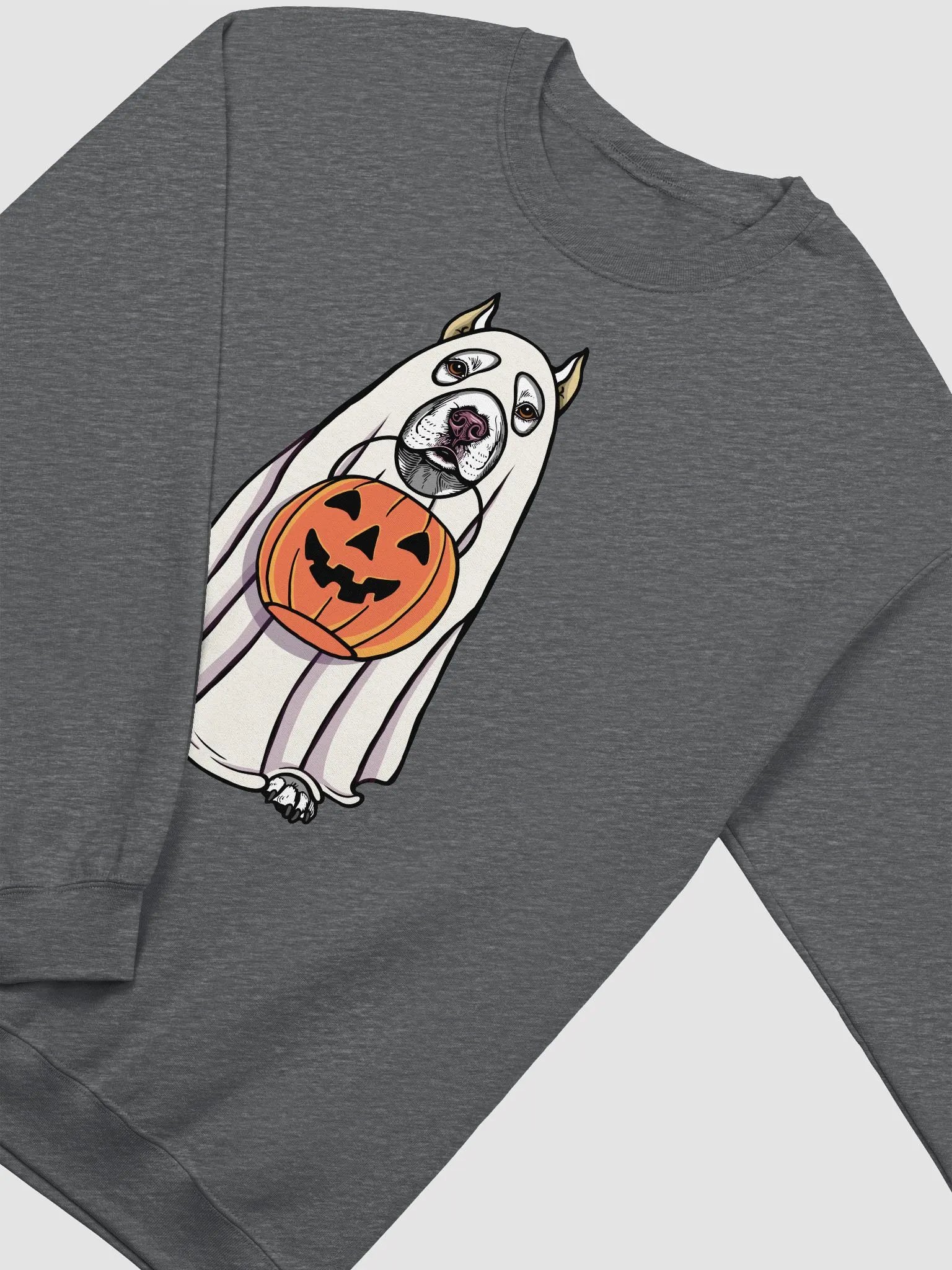 Funny Halloween Pitbull Terrier(Cropped Ears) Sweatshirt | Funny Pittie Wearing a Ghost Costume and Holding a Pumpkin Basket product image (4)