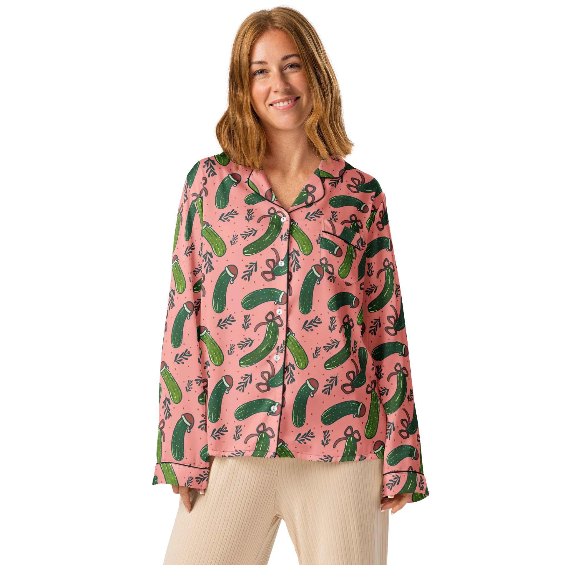 Funny Christmas Pickles Pattern Pyjama Shirt, Pink product image (2)