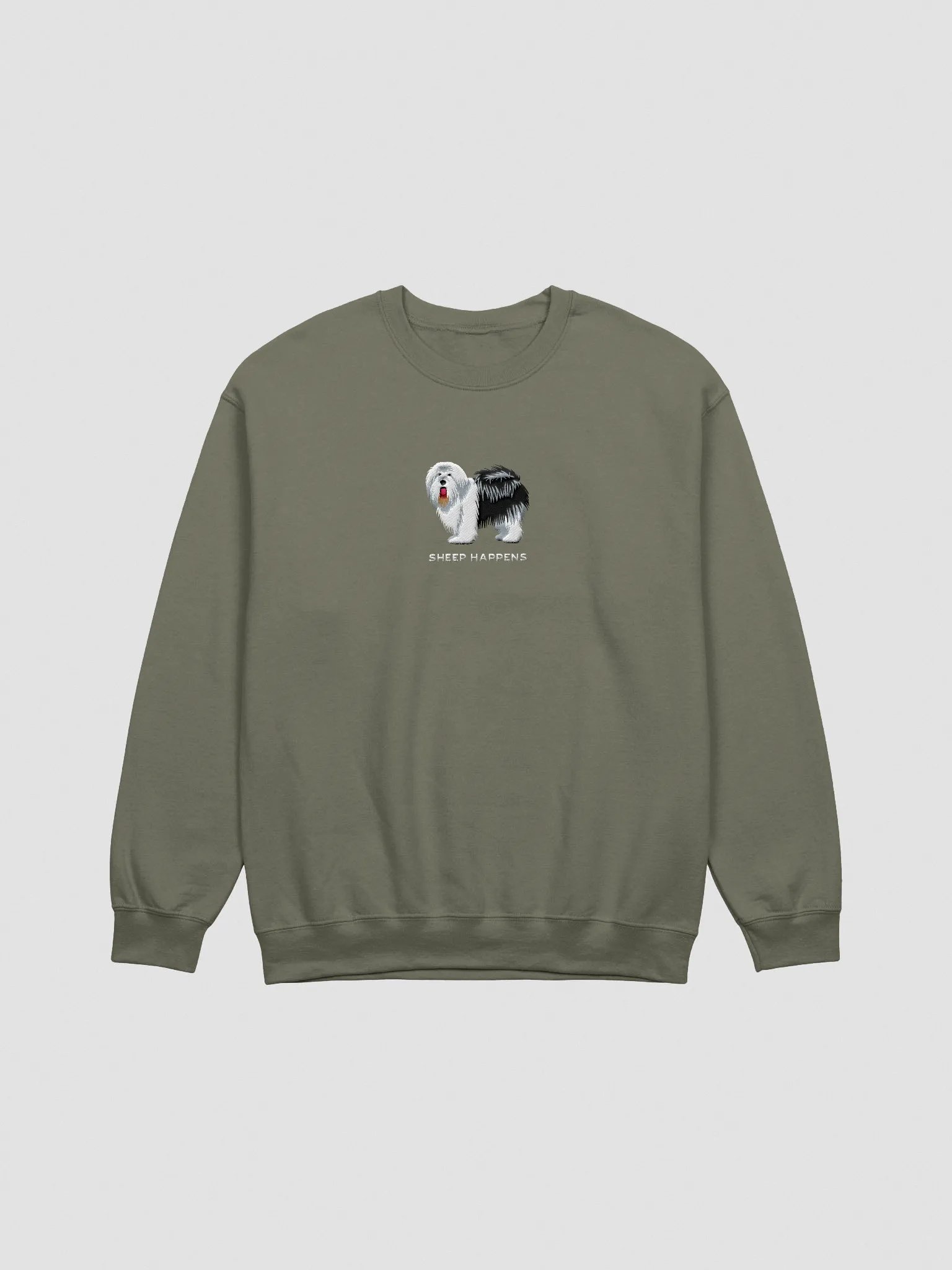 Sheep Happens Sweatshirt (Embroidered) of an Old English Sheepdog(Black & White) product image (3)