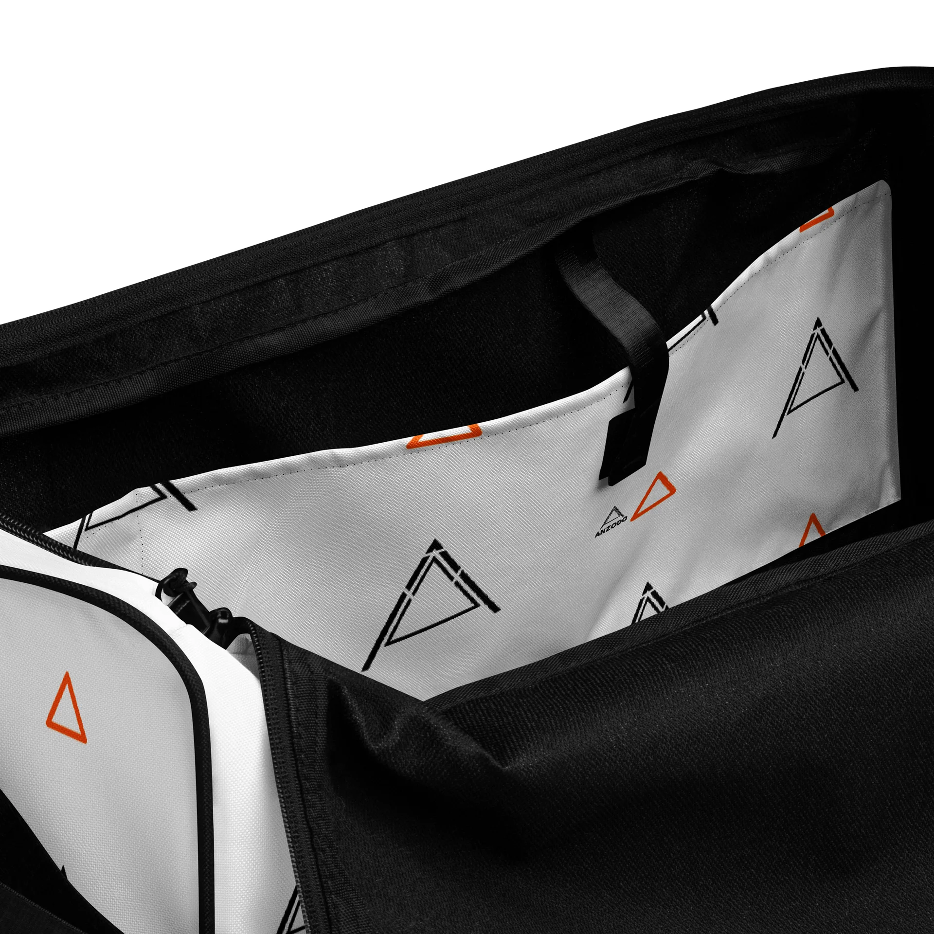 Anzodo Geometric Streetwear Duffle Bag – Black & Orange Tribal on White Canvas product image (6)