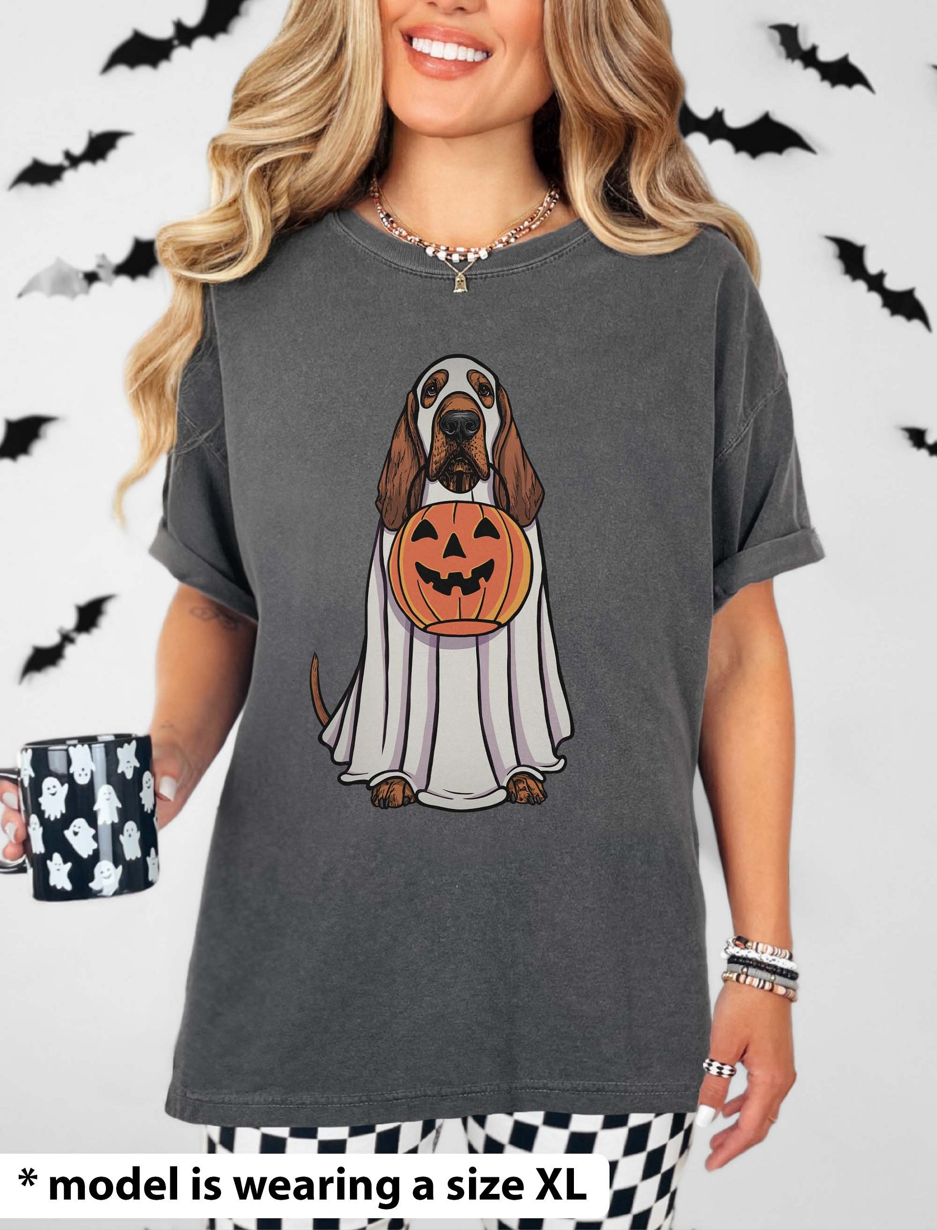 Funny Halloween Bloodhound(Red) T-Shirt | Funny Bloodhound Wearing a Ghost Costume and Holding a Pumpkin Basket product image (2)