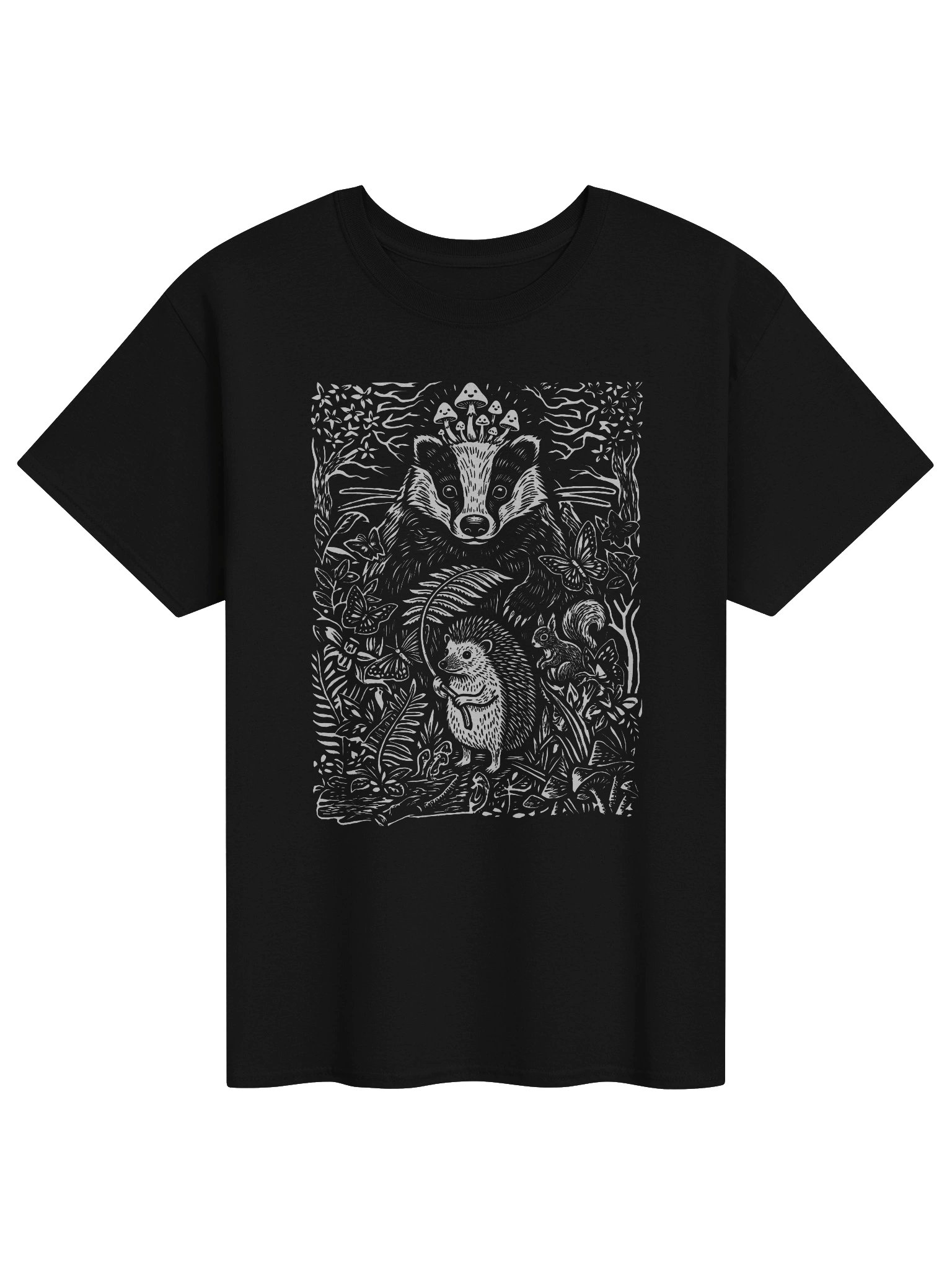 Forest Friends Wildlife Linocut Art T-Shirt – Badger and Hedgehog Nature Graphic Tee product image (1)