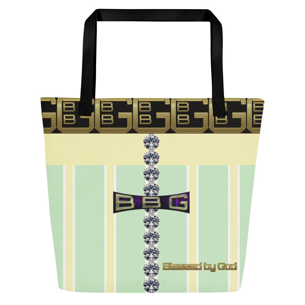 Yellow and Green Striped Geometric with Diamonds BBG Tote Bag with Pocket product image (1)