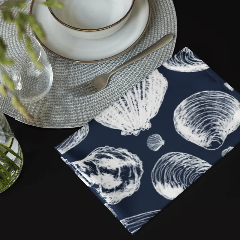 New England Tidal Treasures | Seashell Napkin Set | Monique Faella Designs™ | White on Dark Blue product image (5)