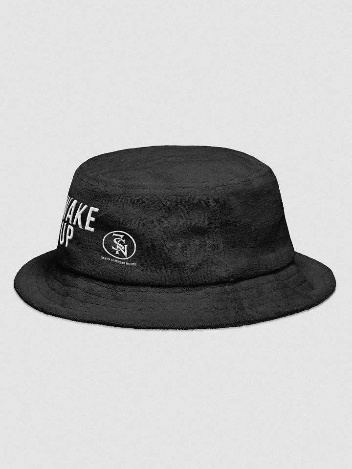 “Wake Up” embroidered bucket hat – black terry cotton alt hat from Seven Shades of Nothing – Capstone Terry Cloth Bucket Hat product image (2)