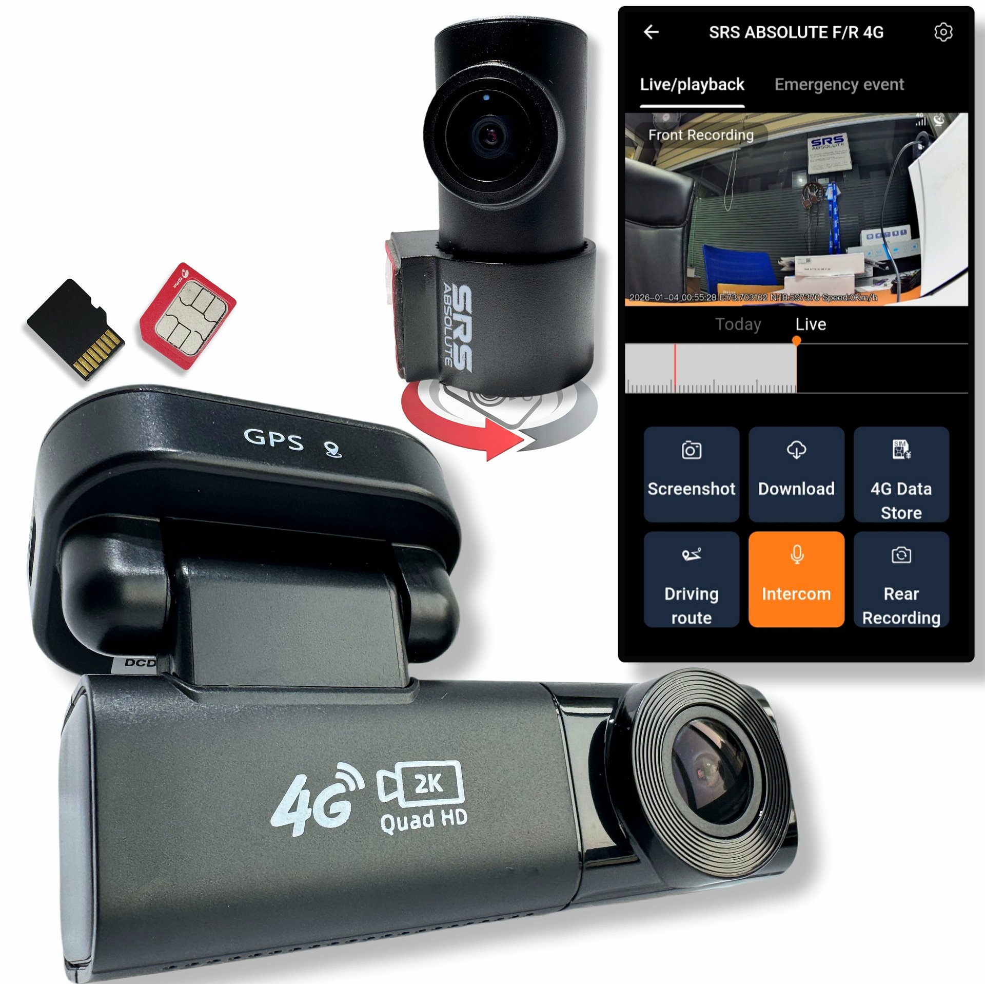 SRS ABSOLUTE 2.6K Dual 4G Dash Cam Timelapse Loop Record GSensor GPS Tracking Remote Live Video Voice Calling GeoTagging SOS Parking Monitor GeoFencing SIM MicroSD Supp Upto 1TB (S24Gen3 Front/Rear) product image (1)