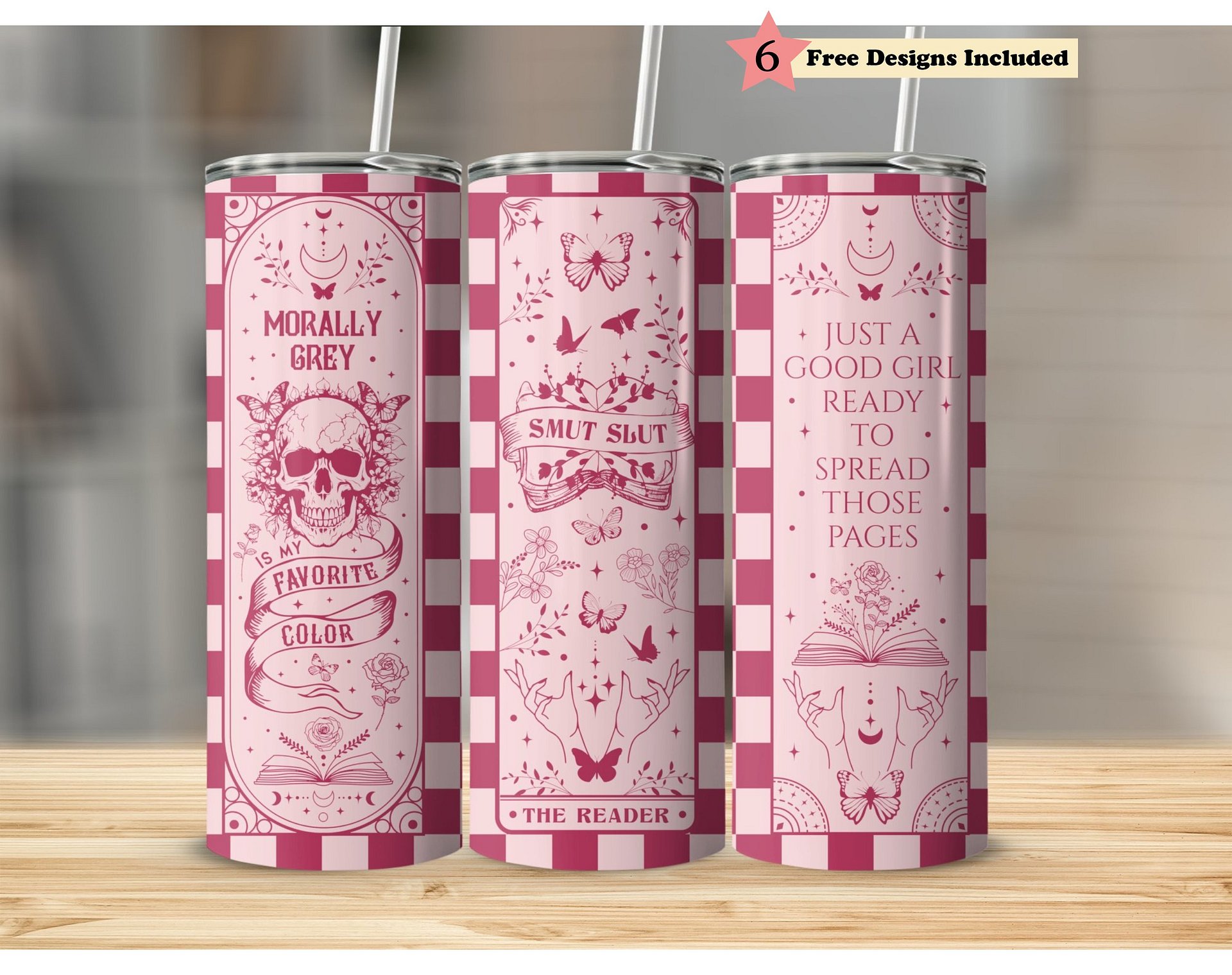 Smut Dark Romance 20oz Book Tumbler Full Wrap PNG, Checkered Pattern Pink, Spicy Morally Grey Seamless Sublimation Design, Digital Download product image (1)