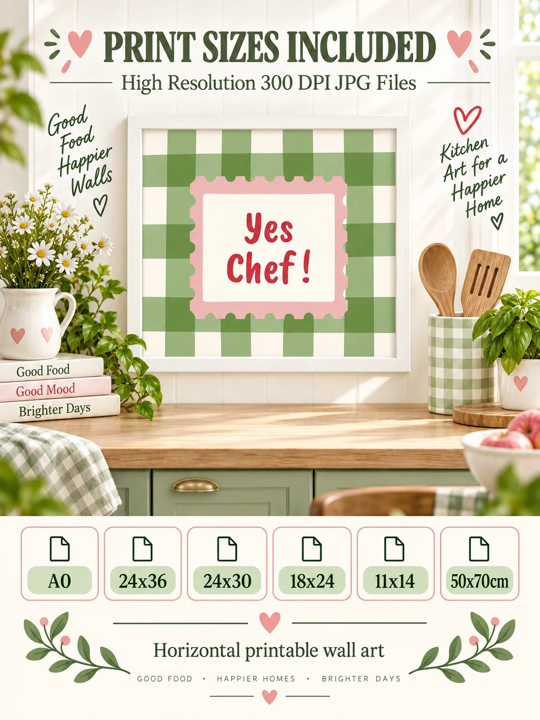 Yes Chef Printable Kitchen Wall Art | Green Gingham Retro Typography Poster product image (2)