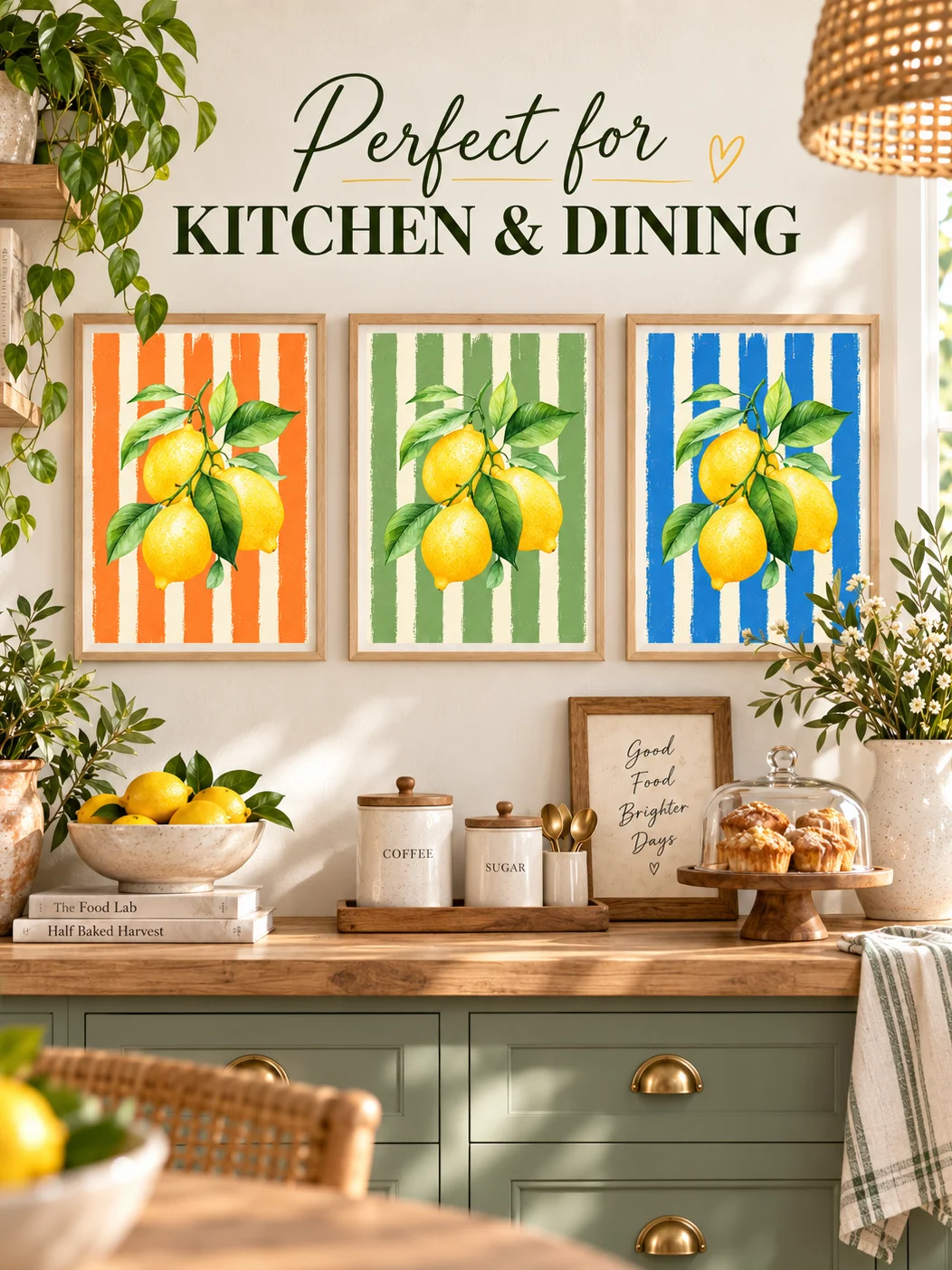 Lemon Wall Art Set | Citrus Kitchen Decor | Mediterranean Printable Posters | Orange Blue Sage Botanical Trio Download product image (4)