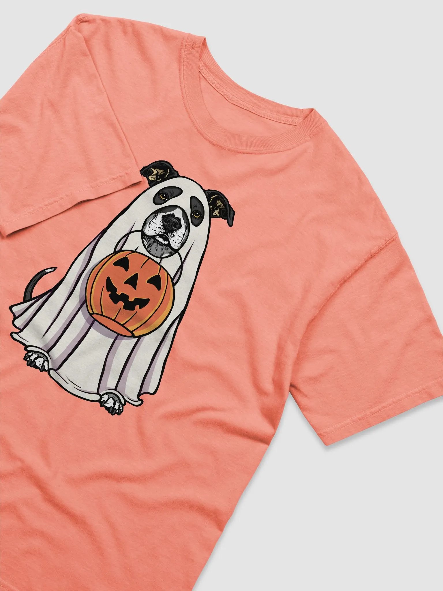 Funny Halloween Pitbull Terrier(Black) T-Shirt | Funny Pittie Wearing a Ghost Costume and Holding a Pumpkin Basket product image (6)
