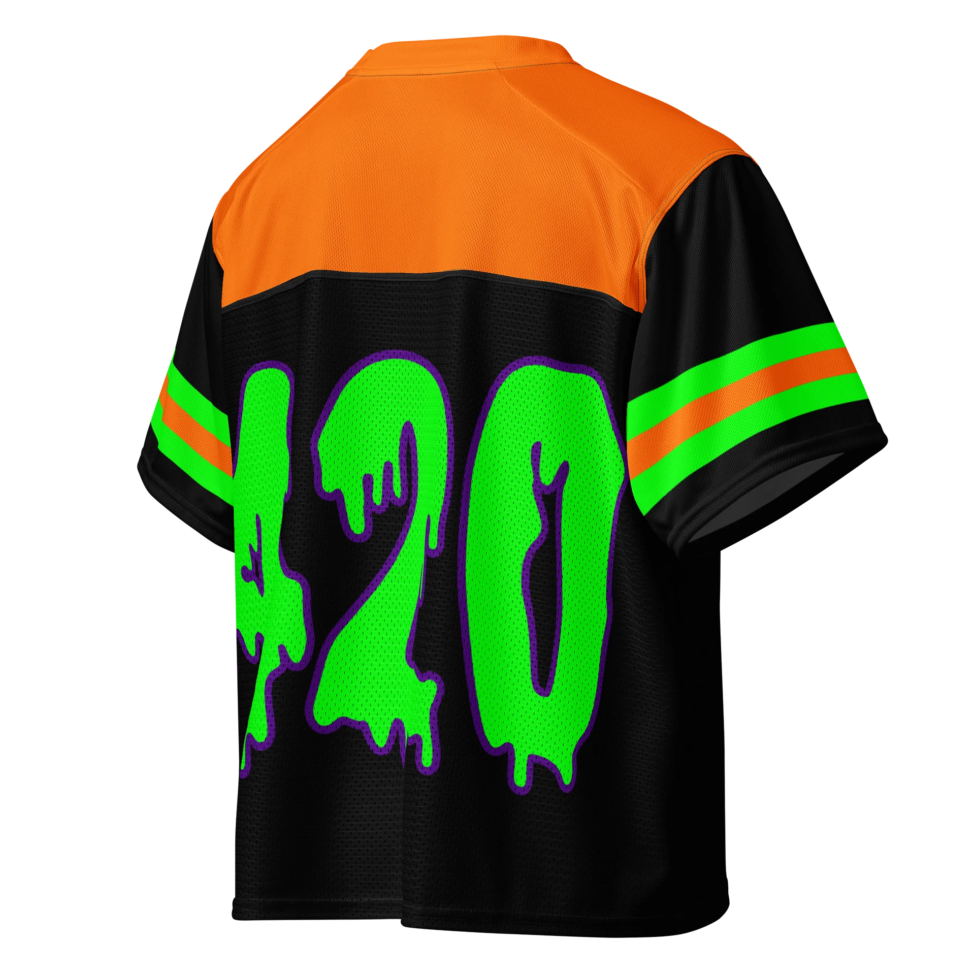 Halloween 420 Boxy Football Jersey, Rave Cannabis Shirt, EDM Stoner Clothes, Weed Fall Festival Fashion, Black Orange Neon Green Raver Top product image (4)