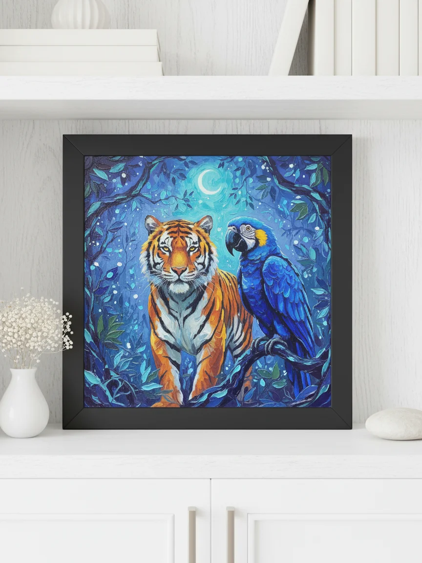 Elegant Tiger and Macaw Framed Wall Art, Luxe Tropical Wildlife Print product image (4)