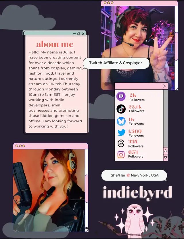 🌸 Hello & welcome, friend! 🌸   My name is Julia! I'm a cozy & vibrant variety streamer who also loves cosplaying, hiking and charity work.  Thank you for stopping by my page! I look forward to working with you.  🎮🦉✨️ (UPDATED JANUARY 2026) #contentcreatorsoftiktok #twitchaffiliatestreamer #hikinglife #cosplaytiktok  #collabs 