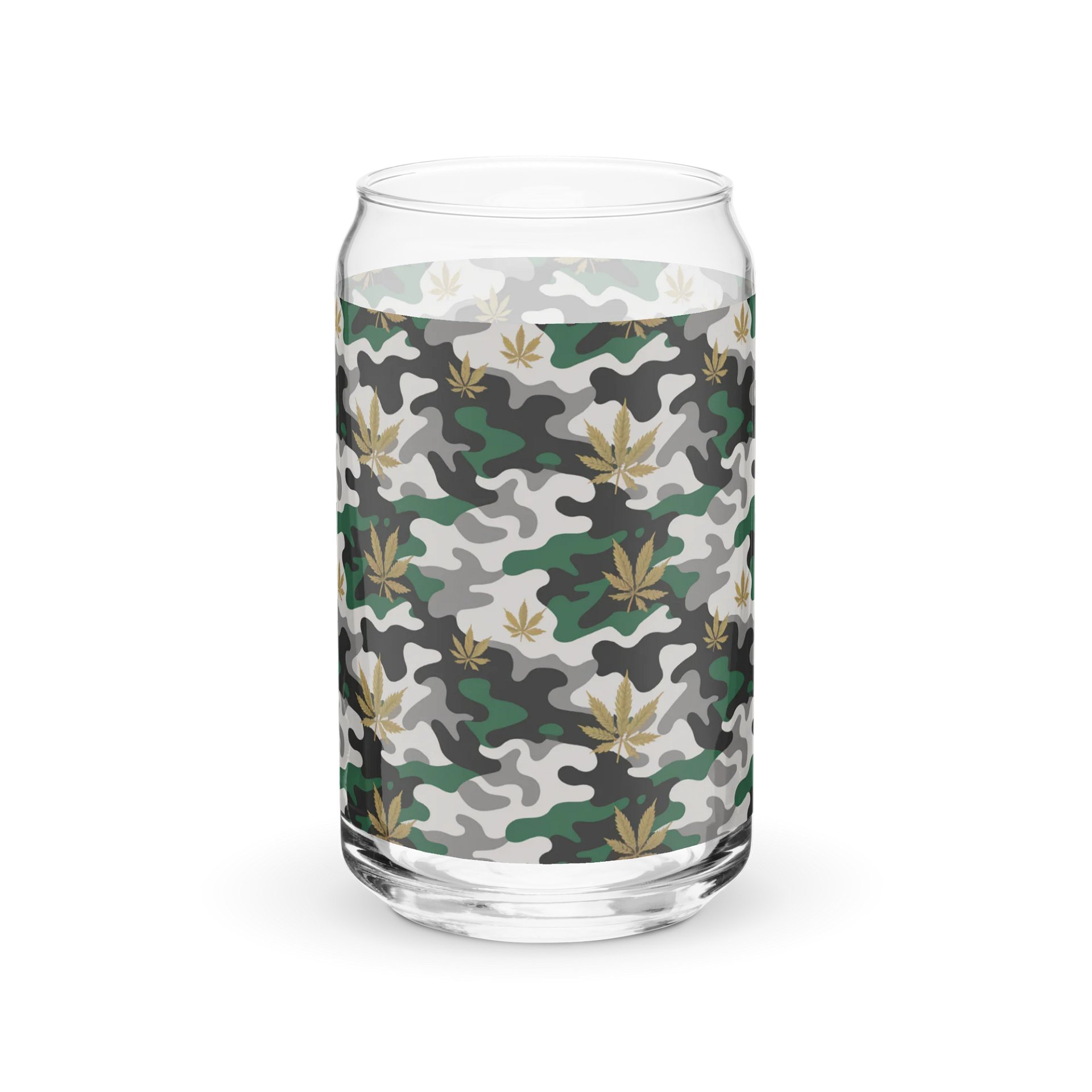 Cannabis Golden Leaf Camouflage Design | Can-Shaped 16oz Glass product image (3)