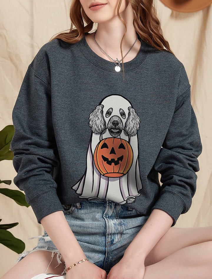 Funny Halloween Mini Poodle(Gray) Sweatshirt | Funny Poodle Wearing a Ghost Costume and Holding a Pumpkin Basket product image (2)