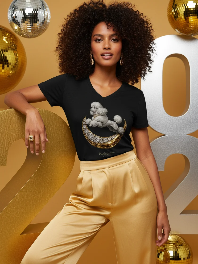 Moon White Poodle V-Neck Tee | Poodle Empire product image (5)