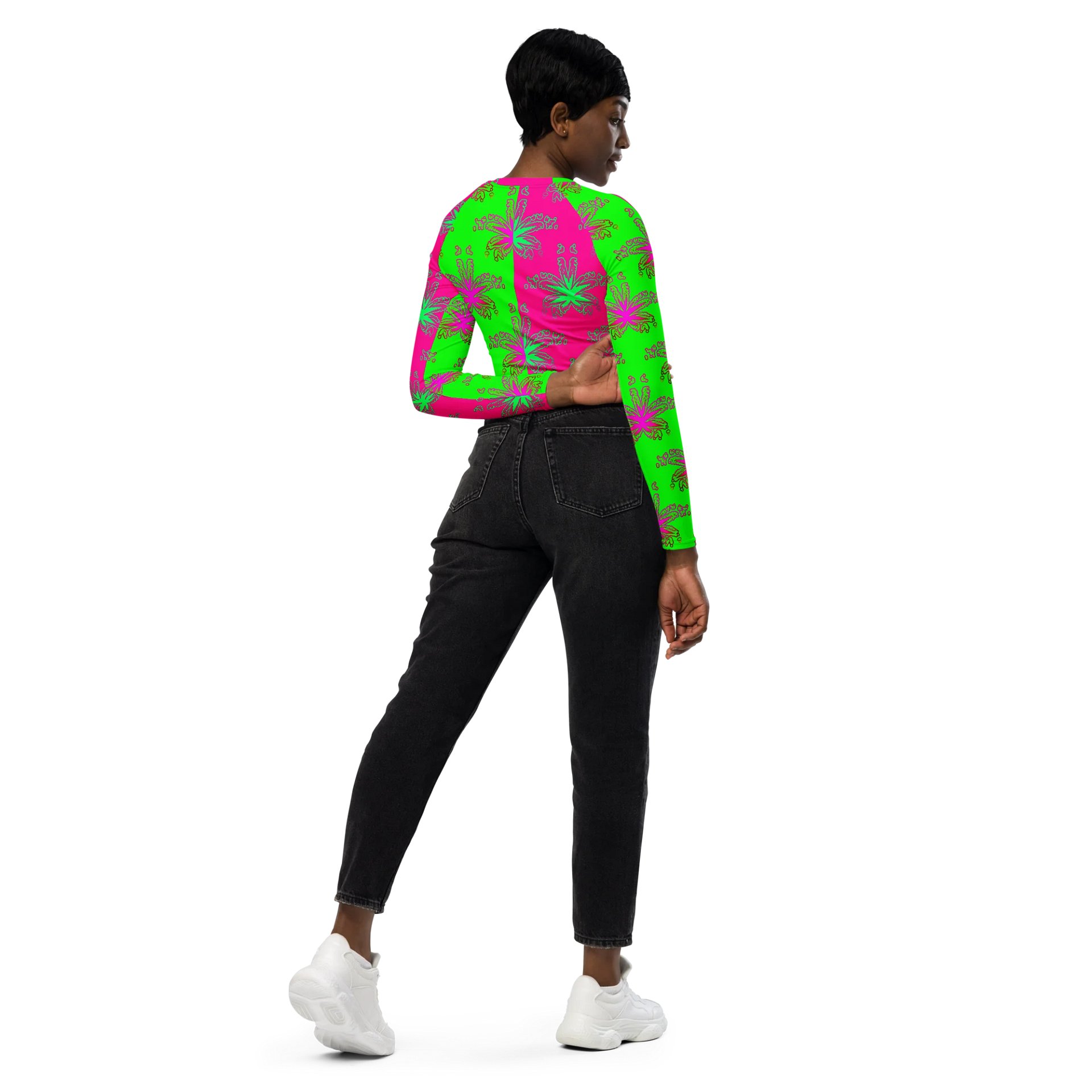 Cannabis Stoner Circus Stripes Recycled Long-Sleeve Crop Top, 420 Summertime Beach Weed Shirt, Neon Green Hot Pink Pot Leaf Pattern Clothing product image (7)