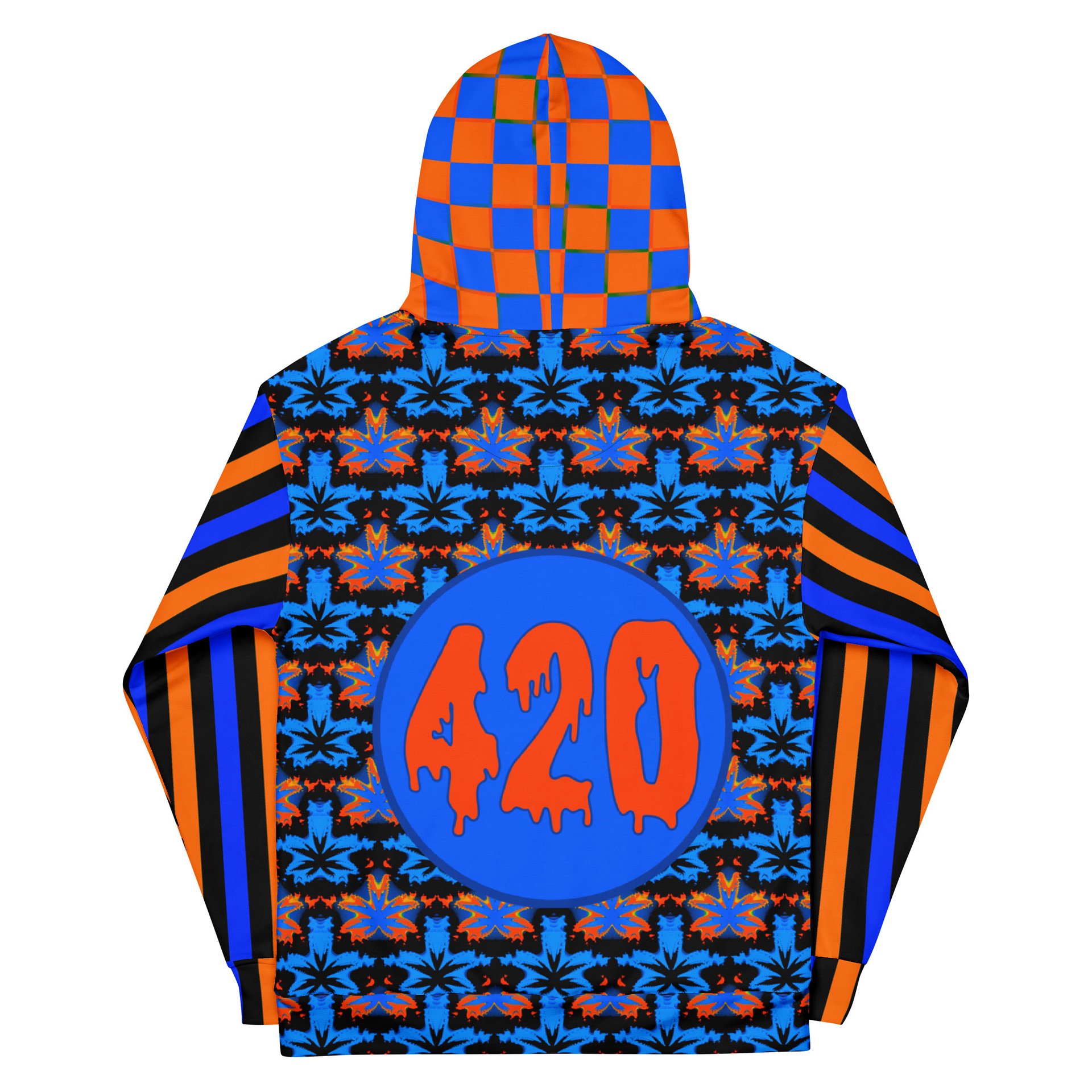 Blue Orange Black Cannabis Art 420 Hoodie, Checker Circus Stripe Clowncore Fashion, Weed Leaf Fall Festival Wear, Retro Rave Stoner Clothing product image (9)