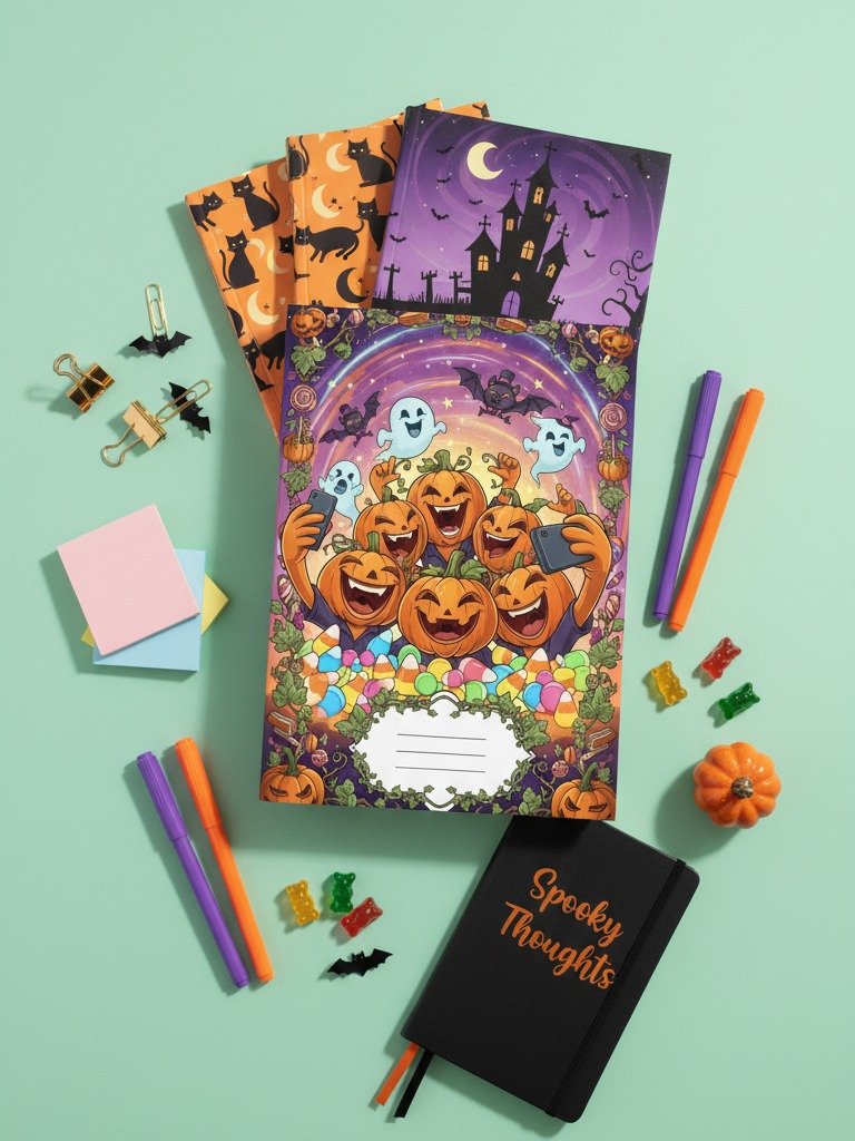 Spooky Selfie Squad Halloween Digital Notebook Cover | Printable Planner & Journal Cover | Fun Pumpkin Ghost Bat Design | Instant Download product image (8)