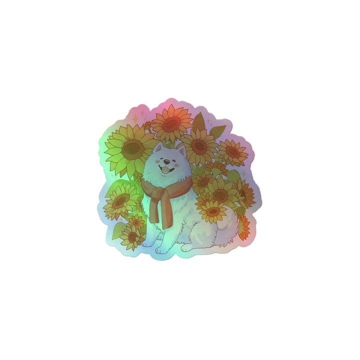 Happy Samoyed fluffy dog surrounded by sunflowers Holographic Sticker product image (2)