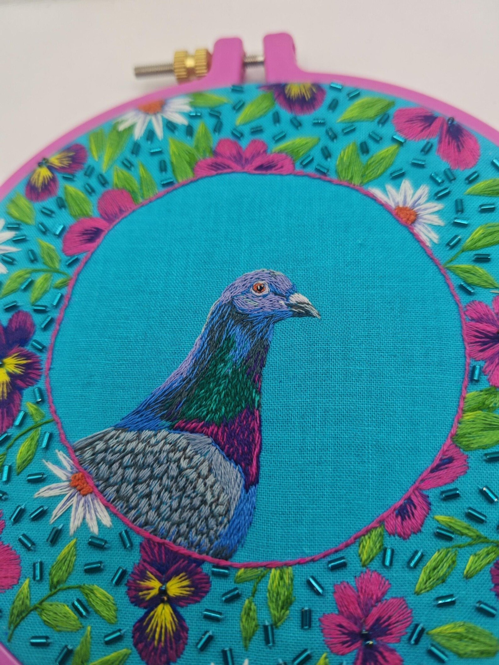 Detailed Pigeon Embroidery Pattern: Realistic Bird, Pansies & Beading Tutorial (PDF Download) product image (5)