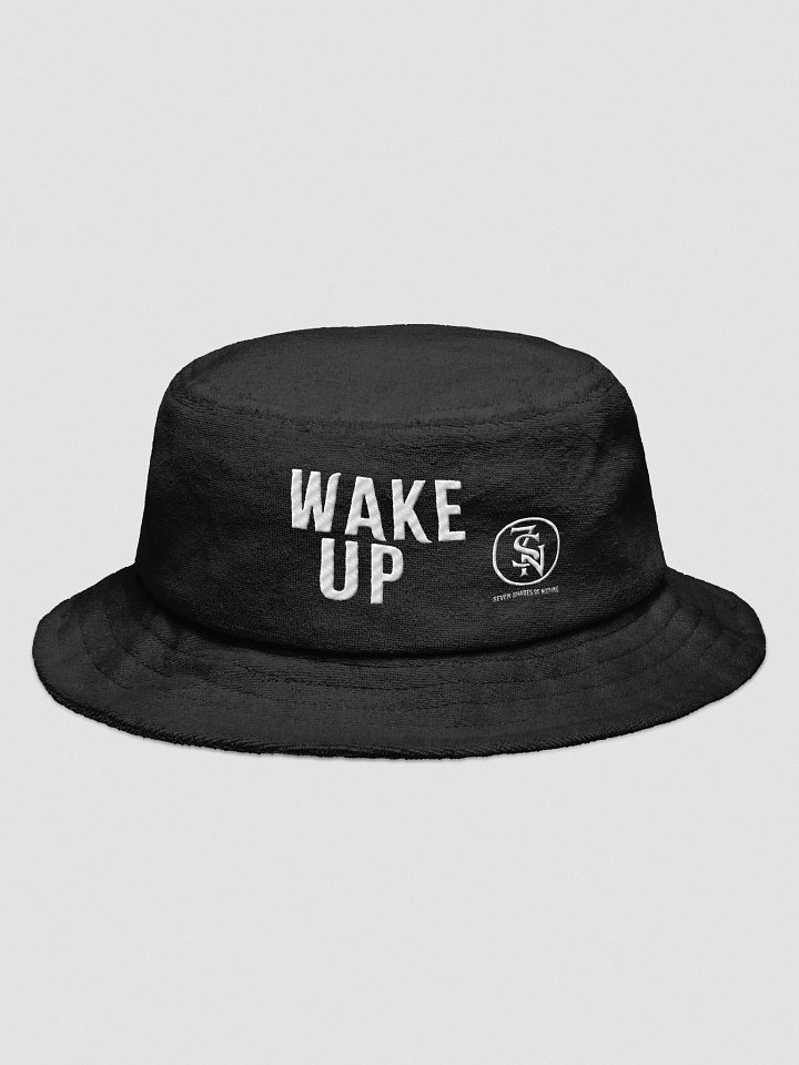 “Wake Up” embroidered bucket hat – black terry cotton alt hat from Seven Shades of Nothing – Capstone Terry Cloth Bucket Hat product image (1)