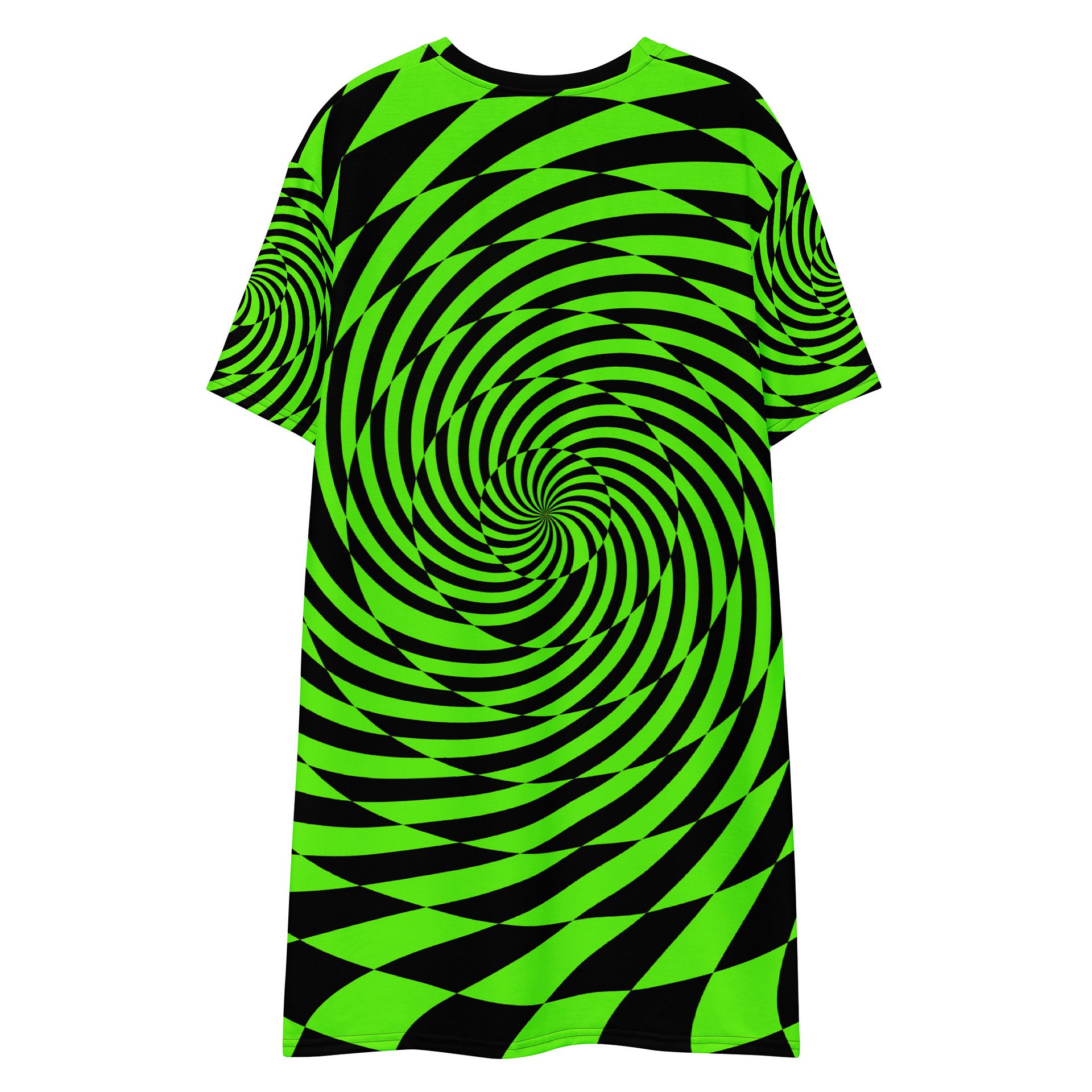 Trippy Rave Wear Spirals T-Shirt Dress, Psychedelic EDM Festival Outfit, Neon Green Black Alternative Fashion, Dance Party Checker Clothing product image (4)