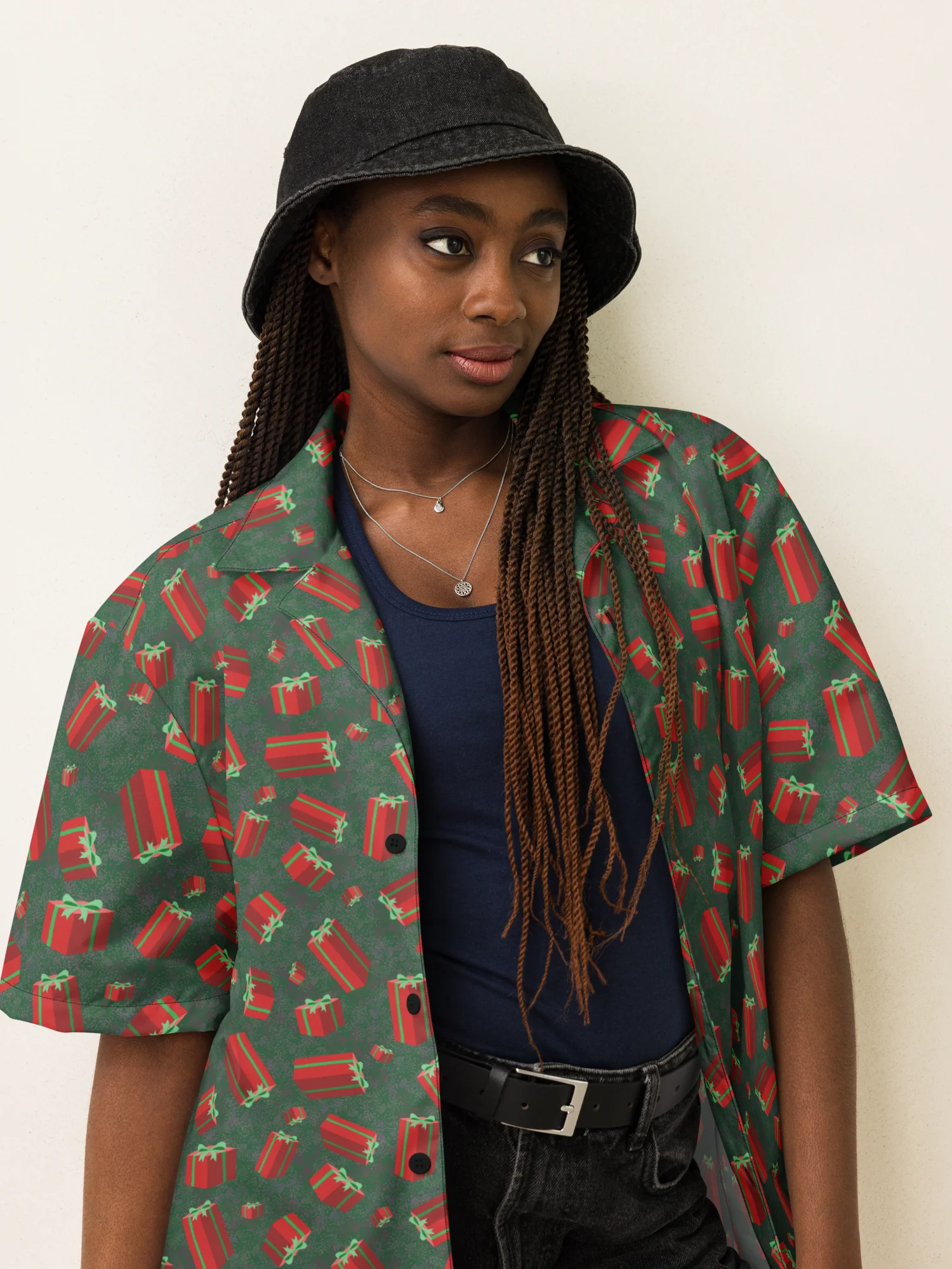 Floating Red Presents on Teal Green Oversized Button-Down Shirt product image (11)