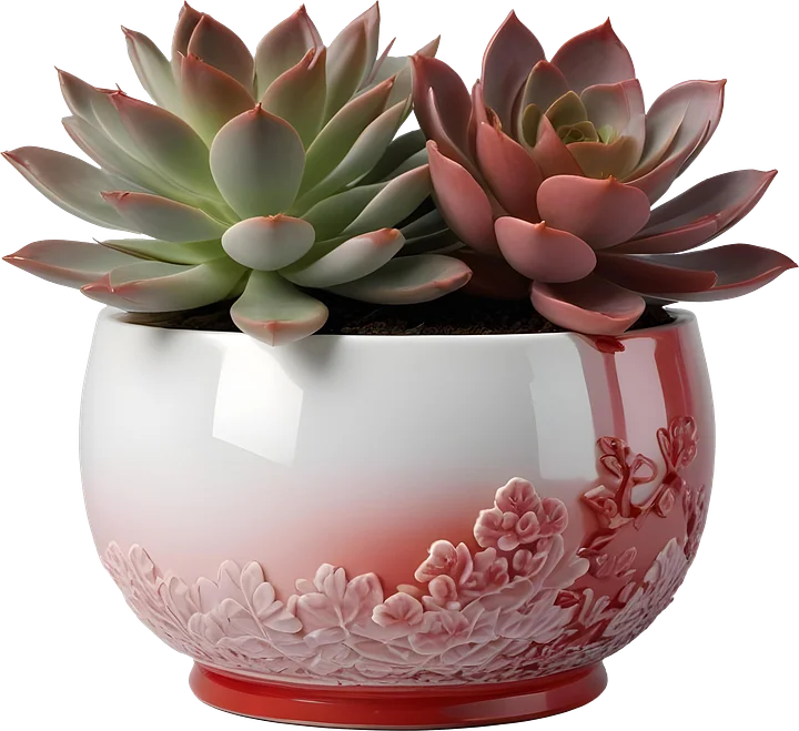 Chinese Porcelain Pot with Succulents – Red Gradient Floral Design PNG product image (1)