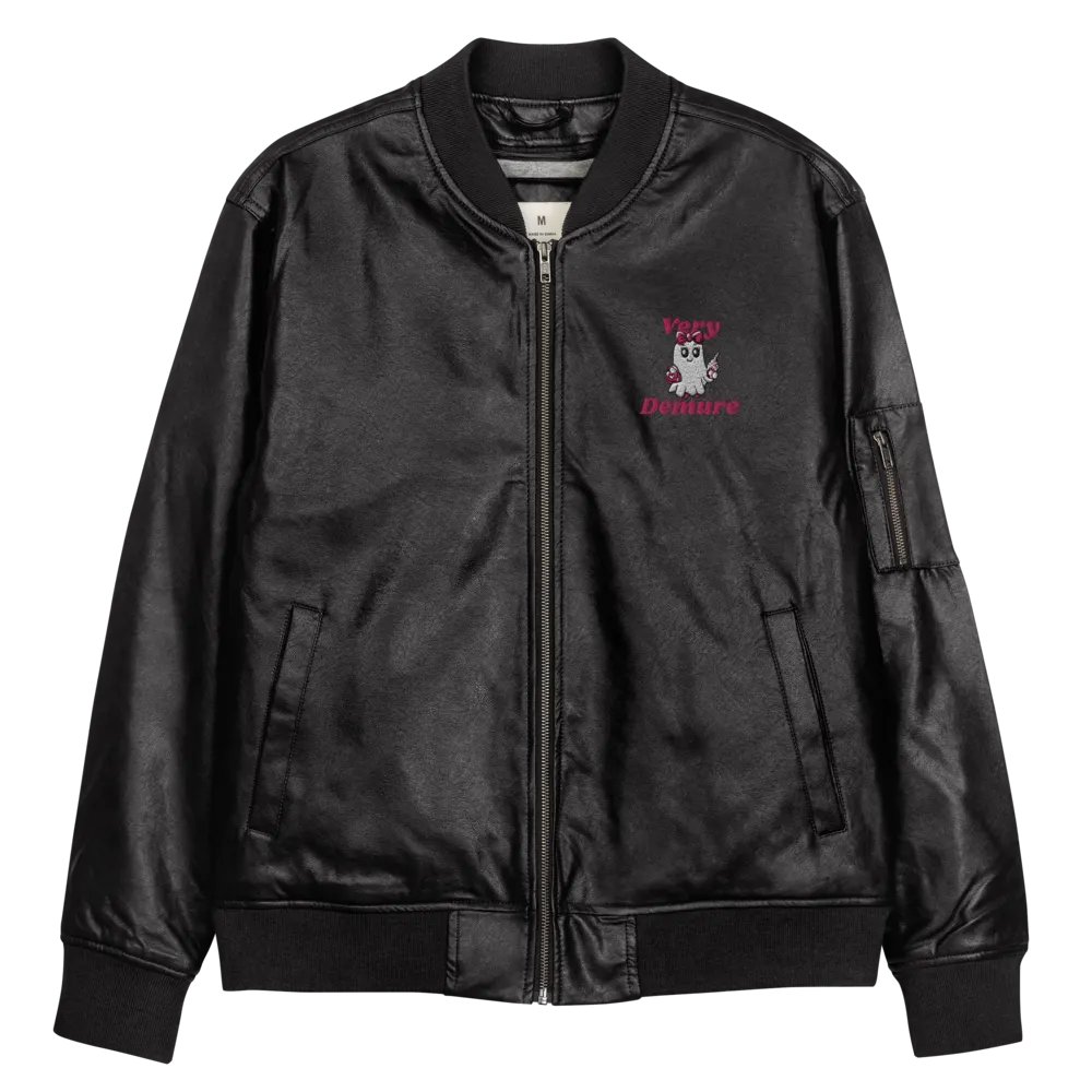 Very Demure Cute Ghost Embroidered Faux Leather Bomber Jacket product image (10)