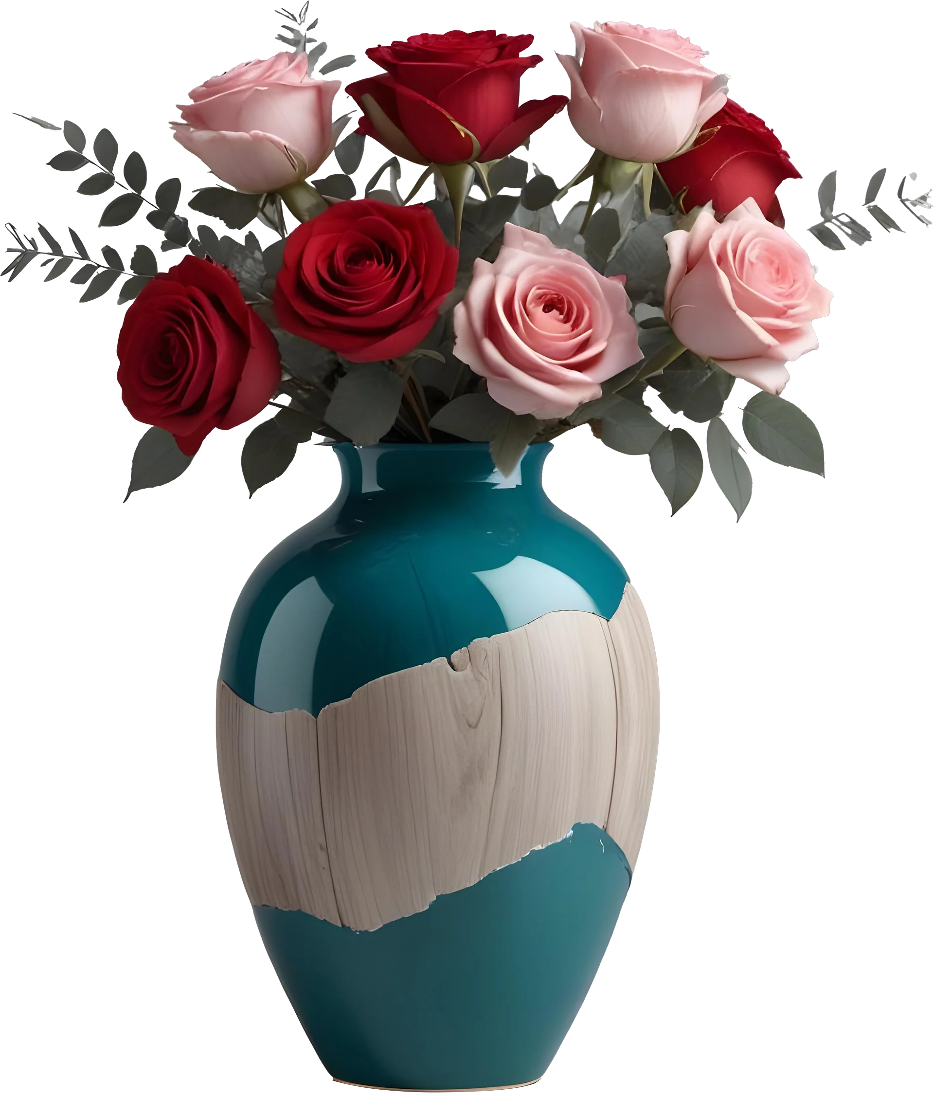 Romantic Teal and Wood-Textured Vase with Roses PNG product image (1)
