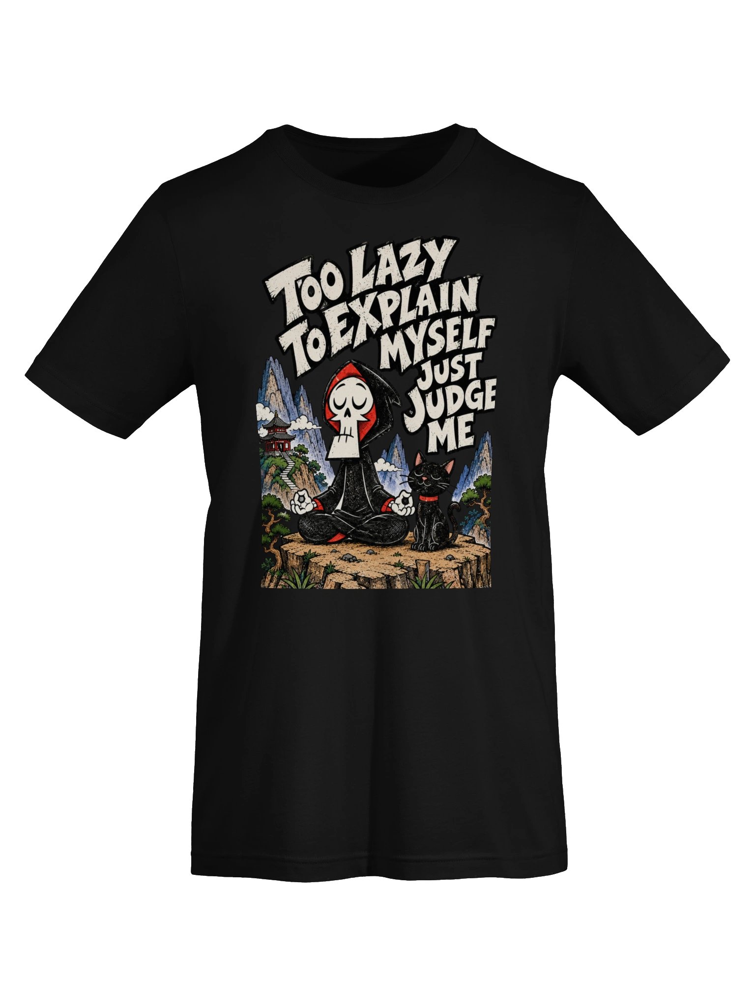 Too Lazy to Explain Myself T-Shirt | Funny Skeleton Meditation & Black Cat Graphic Tee product image (52)